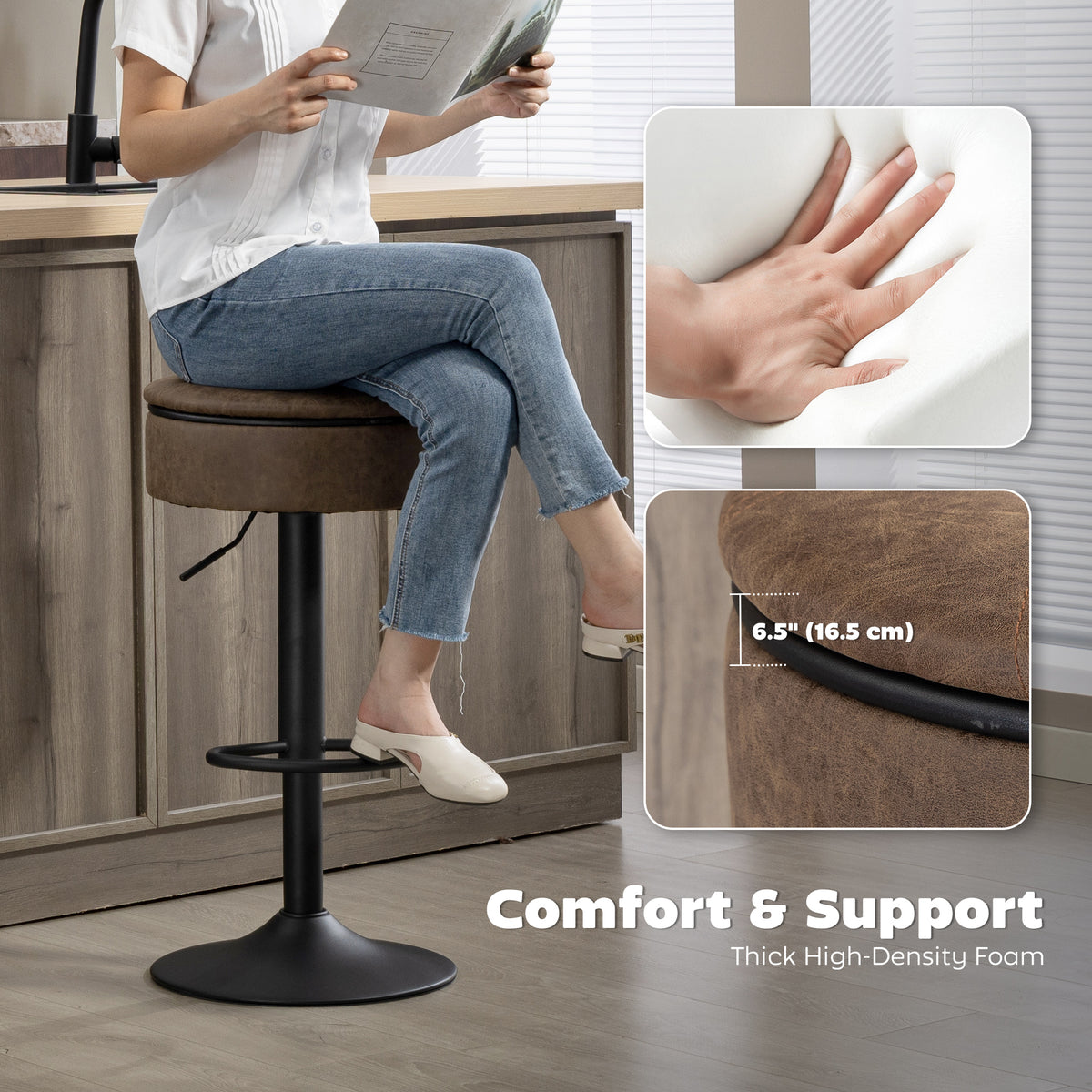 Set of 2 Swivel Bar Stools with Storage - Brown PU Leather-Home Furnishings > Kitchen & Dining Furniture > Bar Stools-DECOROLALA