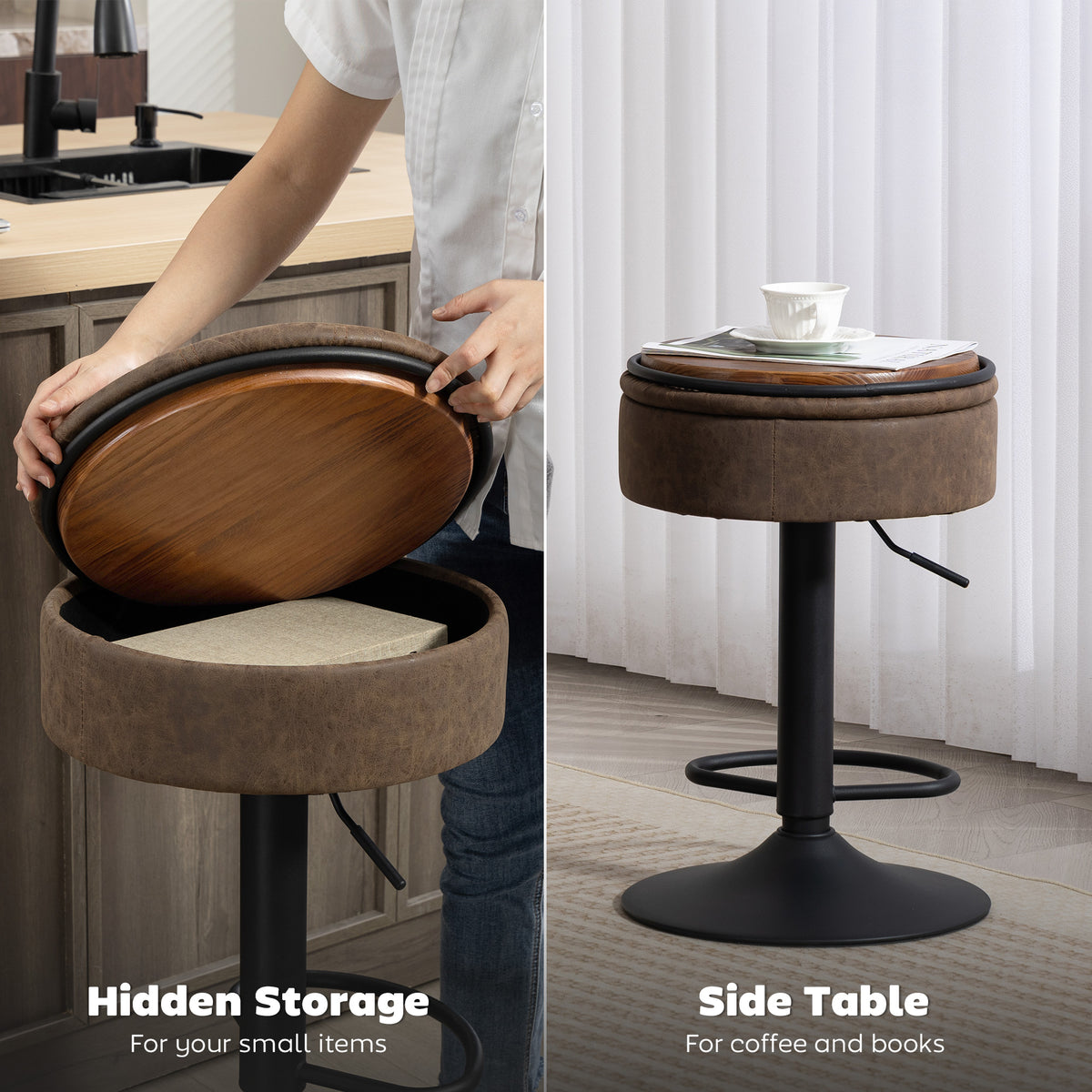 Set of 2 Swivel Bar Stools with Storage - Brown PU Leather-Home Furnishings > Kitchen & Dining Furniture > Bar Stools-DECOROLALA
