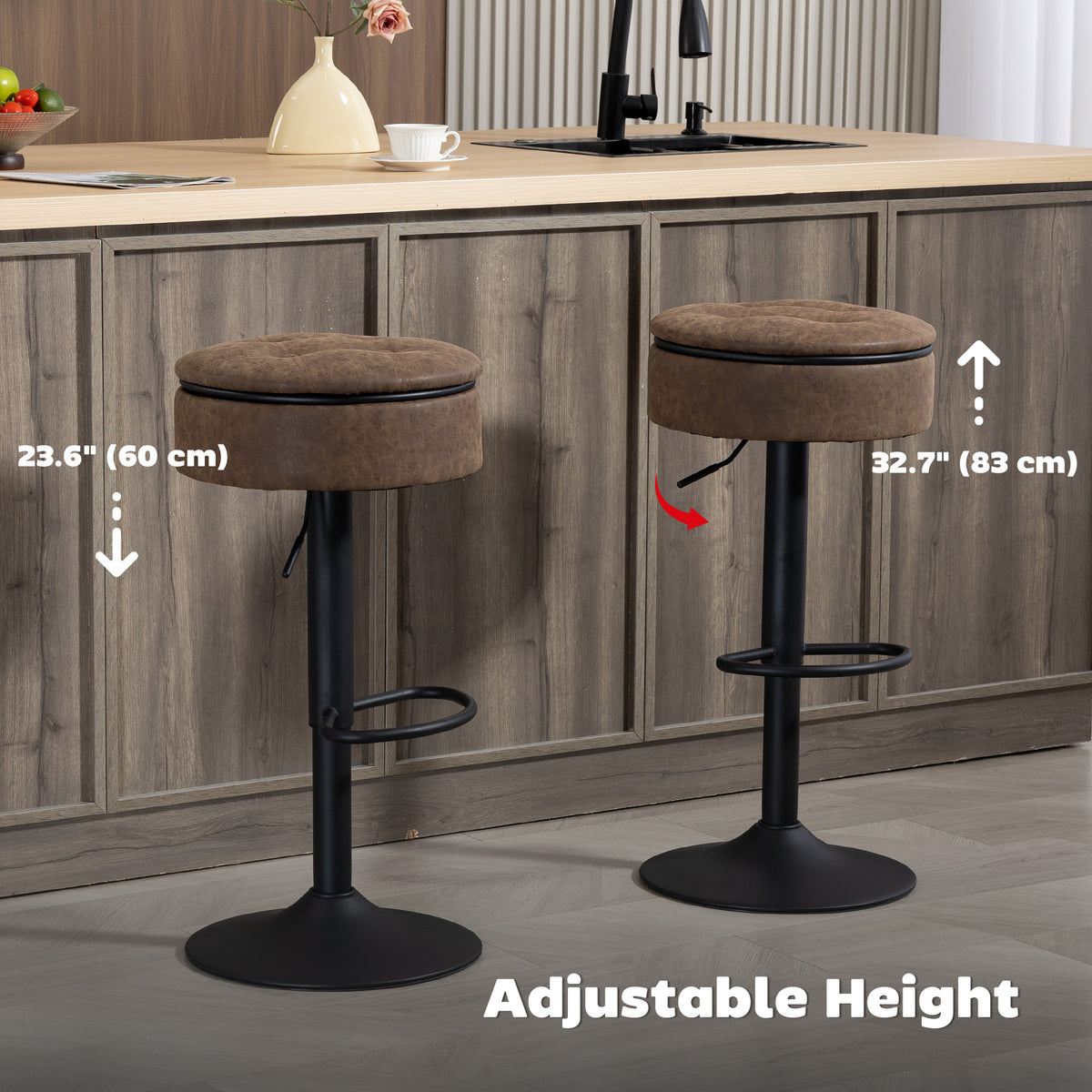 Set of 2 Swivel Bar Stools with Storage - Brown PU Leather-Home Furnishings > Kitchen & Dining Furniture > Bar Stools-DECOROLALA