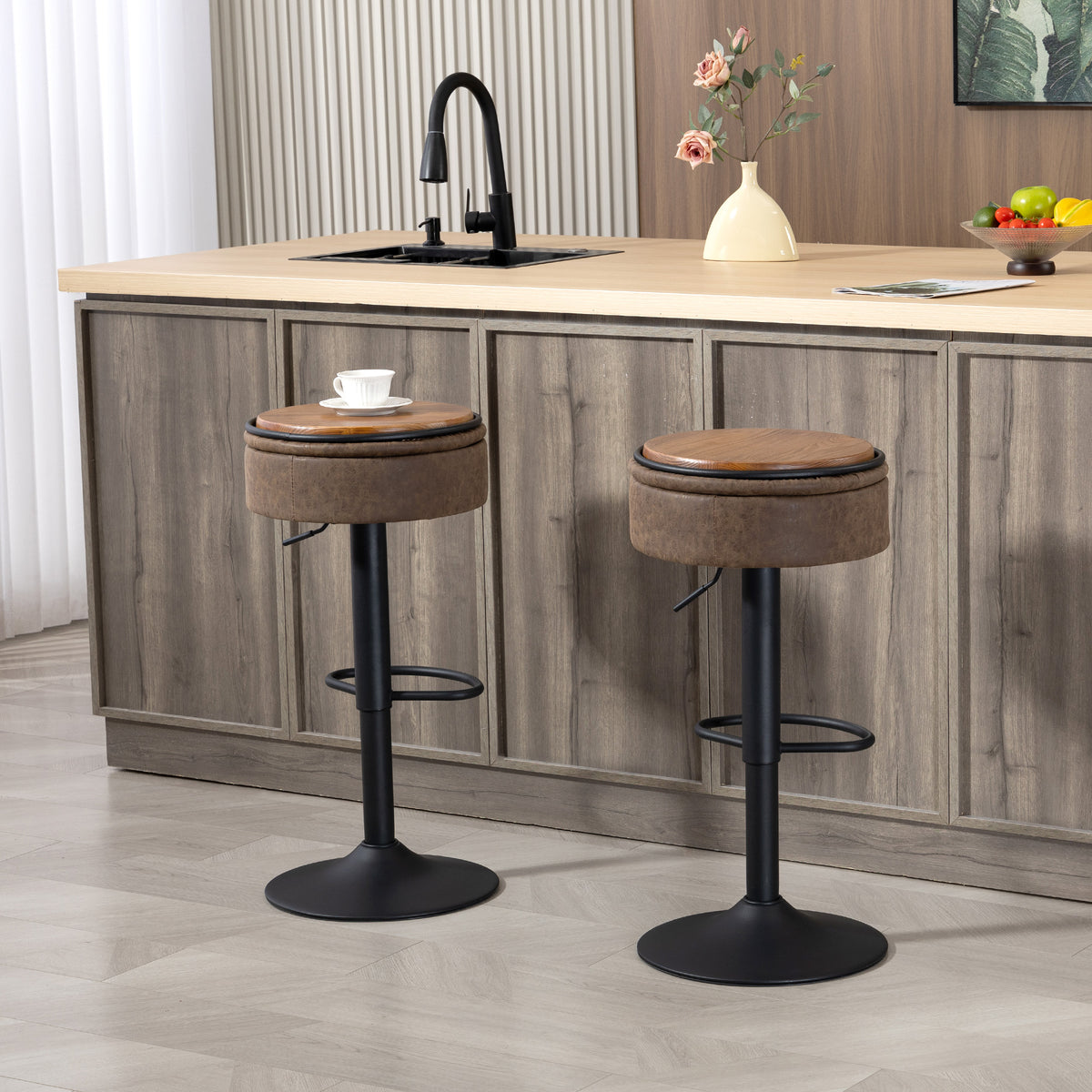 Set of 2 Swivel Bar Stools with Storage - Brown PU Leather-Home Furnishings > Kitchen & Dining Furniture > Bar Stools-DECOROLALA