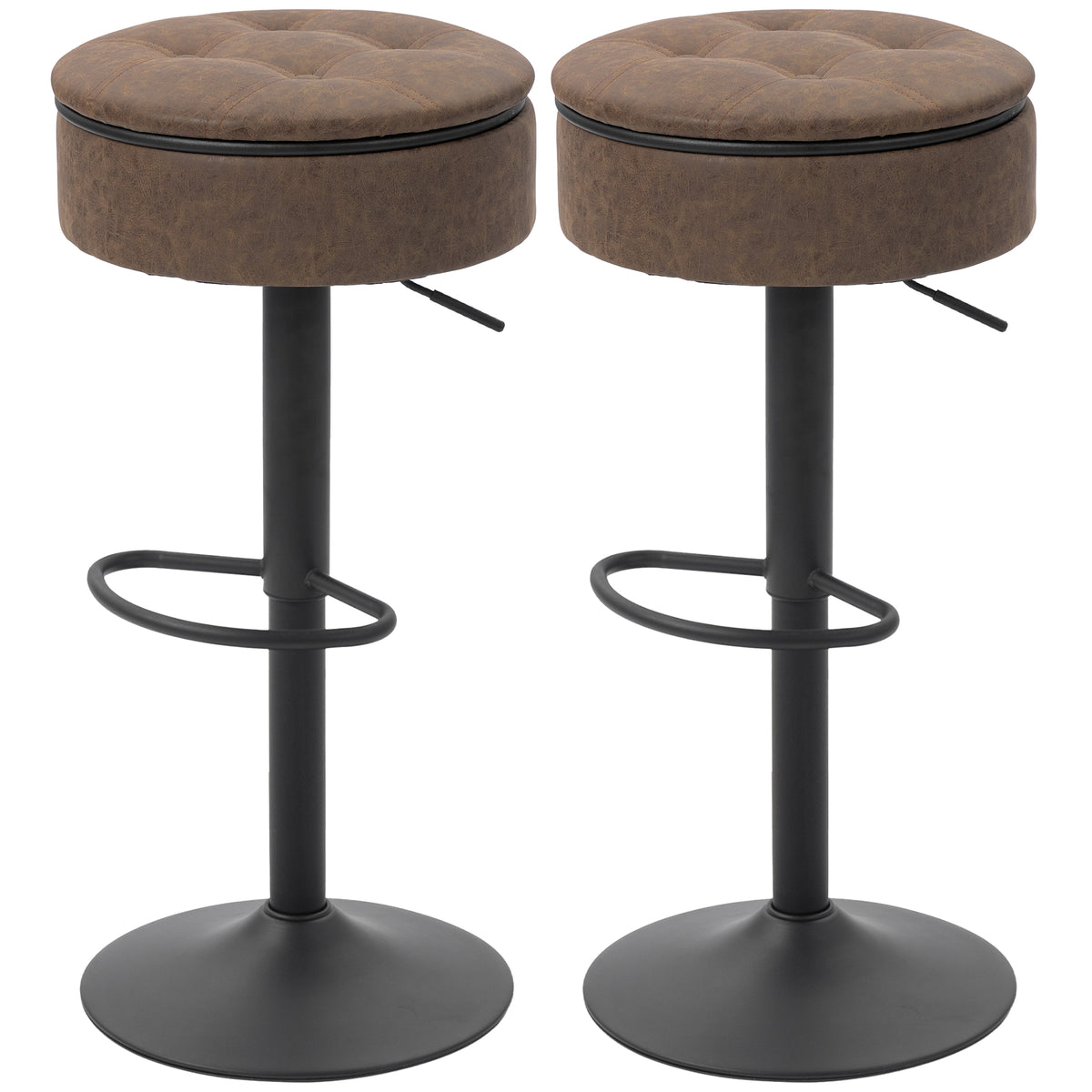 Set of 2 Swivel Bar Stools with Storage - Brown PU Leather-Home Furnishings > Kitchen & Dining Furniture > Bar Stools-DECOROLALA