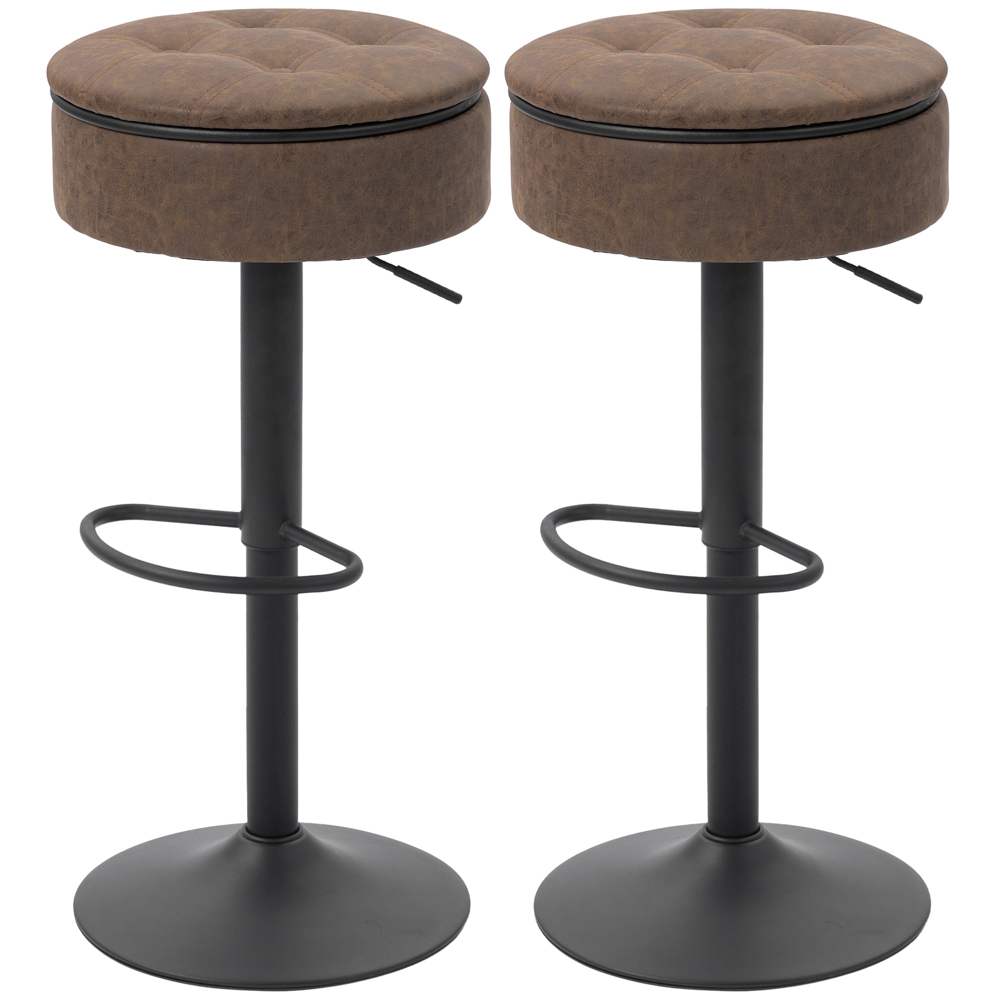 Set of 2 Swivel Bar Stools with Storage - Brown PU Leather-Home Furnishings > Kitchen & Dining Furniture > Bar Stools-DECOROLALA