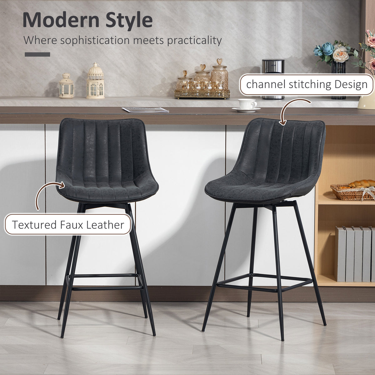 Set of 2 Swivel Barstools - Black PU Leather Counter Height-Home Furnishings > Kitchen & Dining Furniture > Bar Stools-DECOROLALA