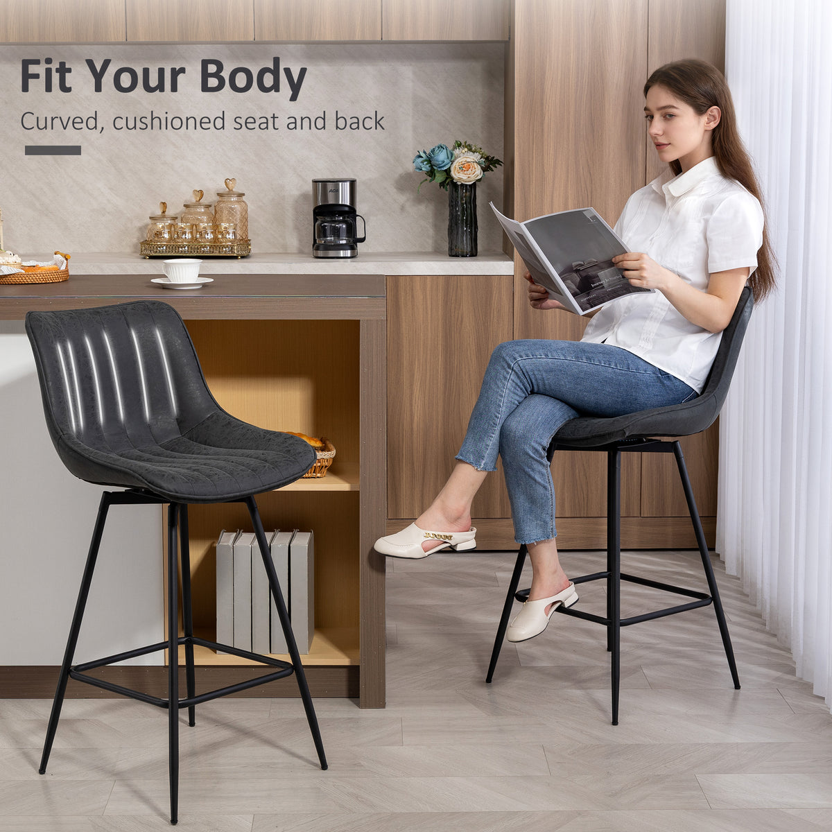 Set of 2 Swivel Barstools - Black PU Leather Counter Height-Home Furnishings > Kitchen & Dining Furniture > Bar Stools-DECOROLALA