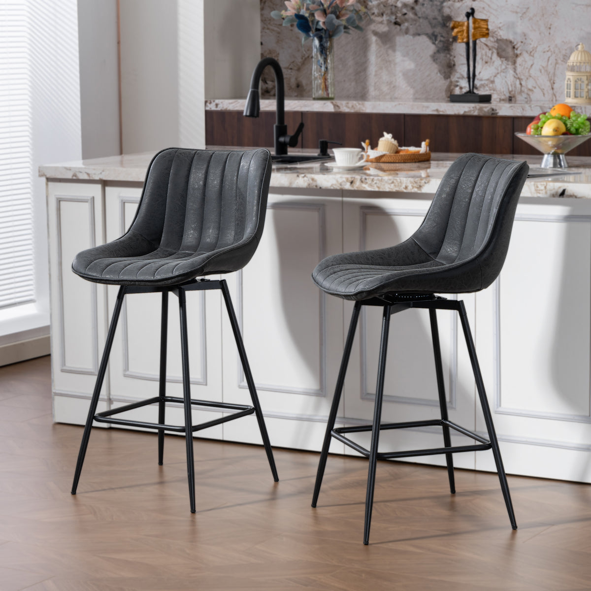 Set of 2 Swivel Barstools - Black PU Leather Counter Height-Home Furnishings > Kitchen & Dining Furniture > Bar Stools-DECOROLALA