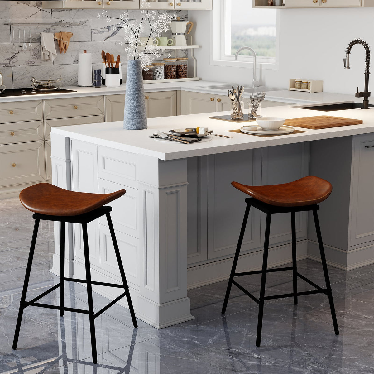 Set of 2 Swivel Barstools Faux Leather Upholstered Backless with Footrest-Brown-Bar Stools-DECOROLALA