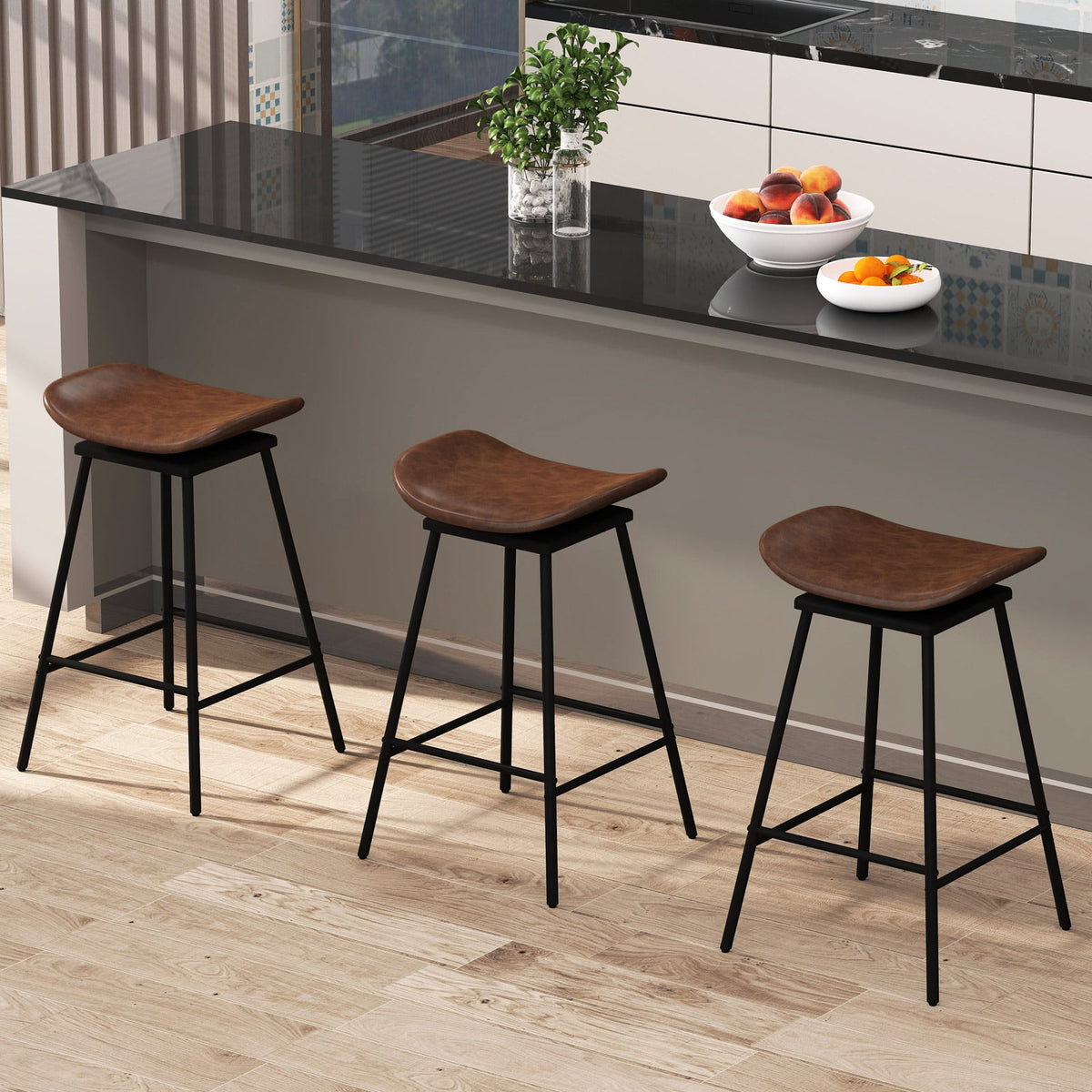 Set of 2 Swivel Barstools Faux Leather Upholstered Backless with Footrest-Brown-Bar Stools-DECOROLALA