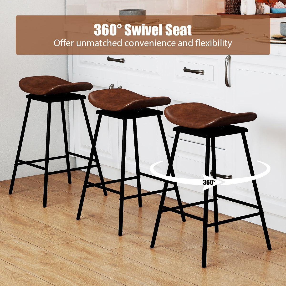 Set of 2 Swivel Barstools Faux Leather Upholstered Backless with Footrest-Brown-Bar Stools-DECOROLALA