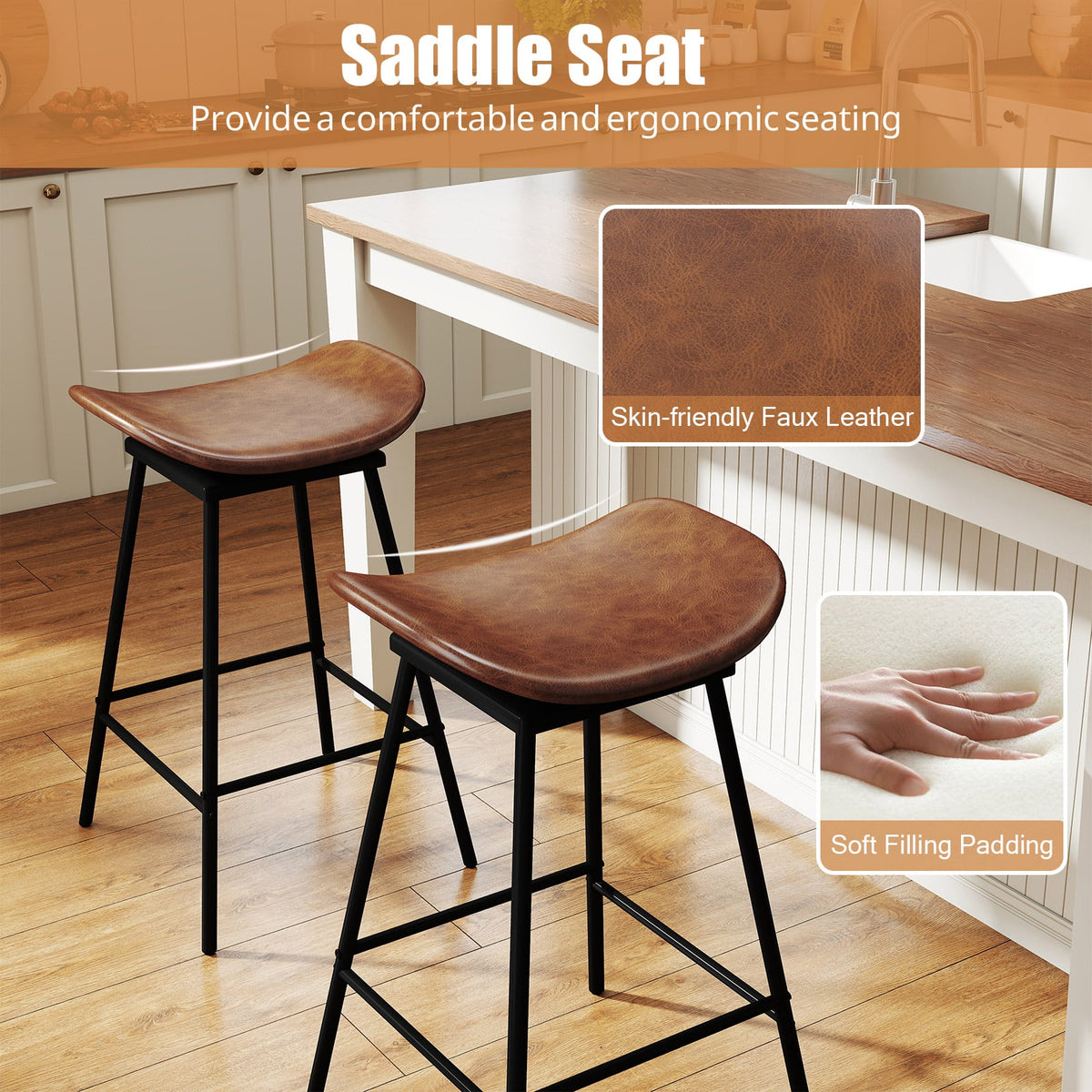 Set of 2 Swivel Barstools Faux Leather Upholstered Backless with Footrest-Brown-Bar Stools-DECOROLALA