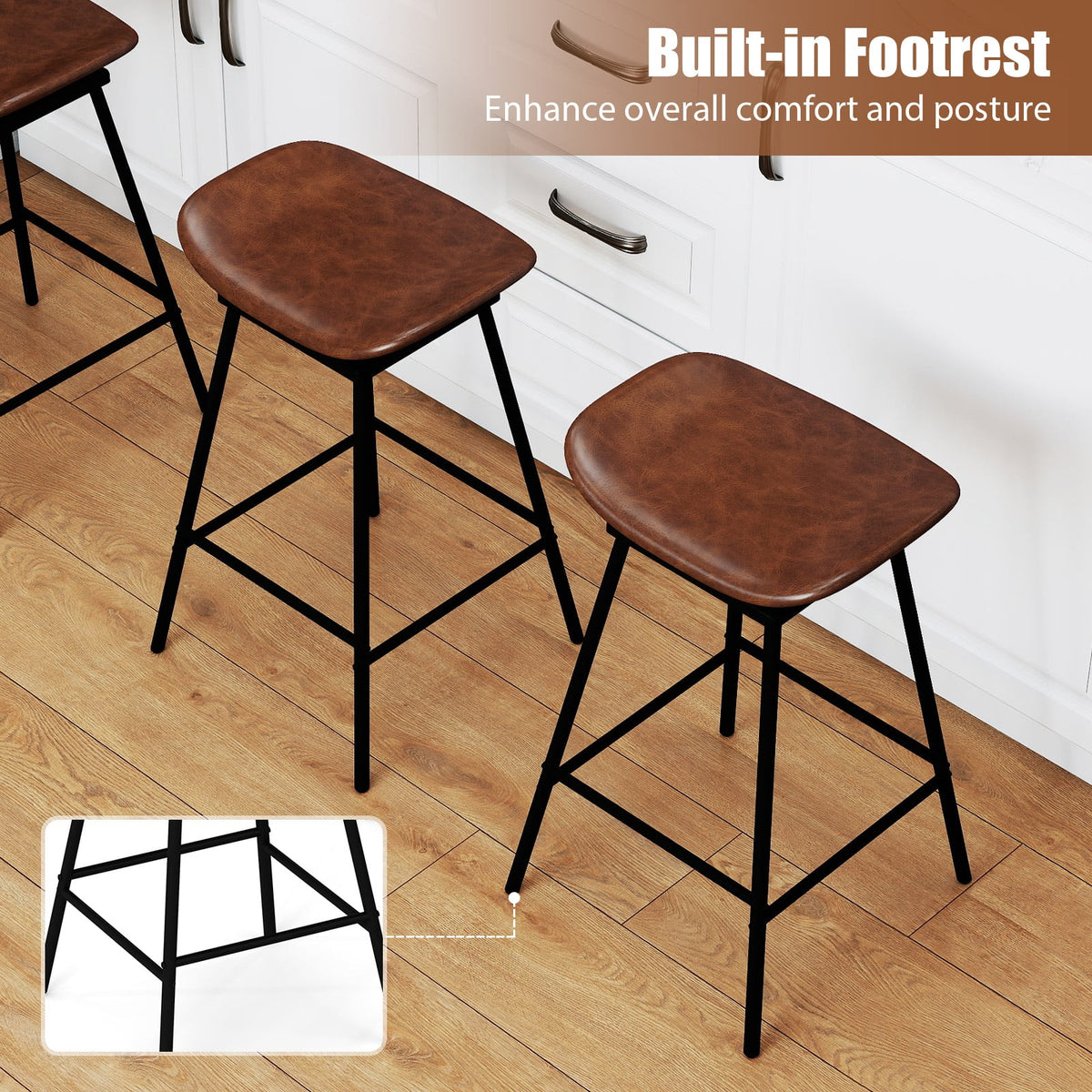 Set of 2 Swivel Barstools Faux Leather Upholstered Backless with Footrest-Brown-Bar Stools-DECOROLALA