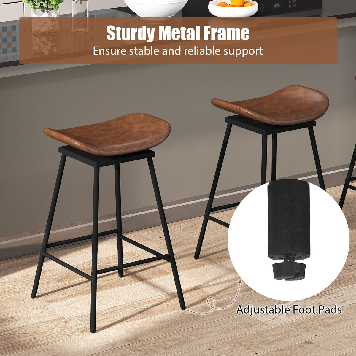 Set of 2 Swivel Barstools Faux Leather Upholstered Backless with Footrest-Brown-Bar Stools-DECOROLALA