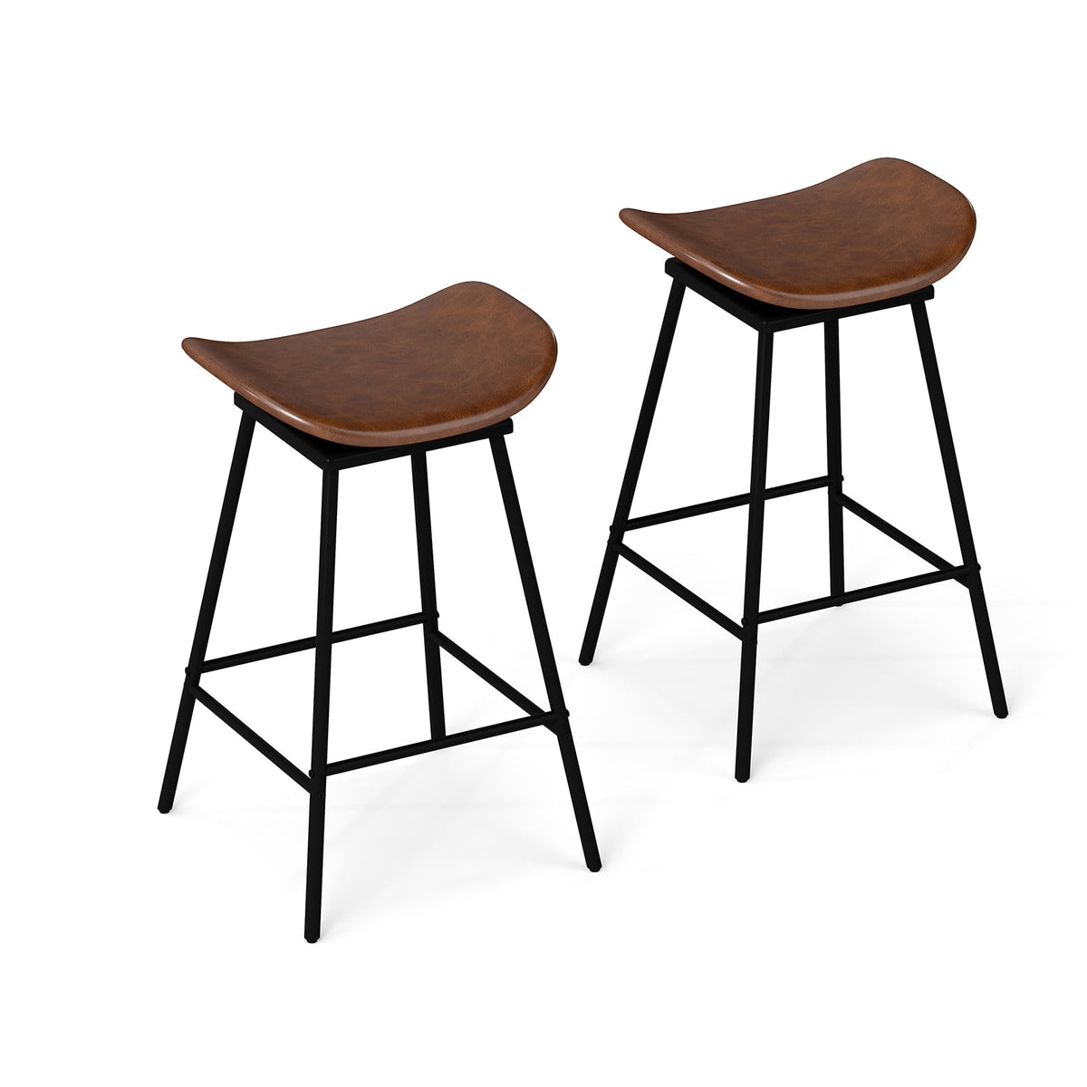 Set of 2 Swivel Barstools Faux Leather Upholstered Backless with Footrest-Brown-Bar Stools-DECOROLALA