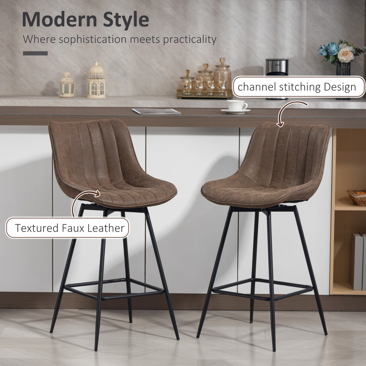 Set of 2 Swivel Counter Height Barstools - Brown PU Leather-Home Furnishings > Kitchen & Dining Furniture > Bar Stools-DECOROLALA