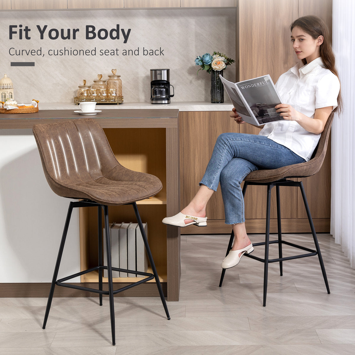 Set of 2 Swivel Counter Height Barstools - Brown PU Leather-Home Furnishings > Kitchen & Dining Furniture > Bar Stools-DECOROLALA