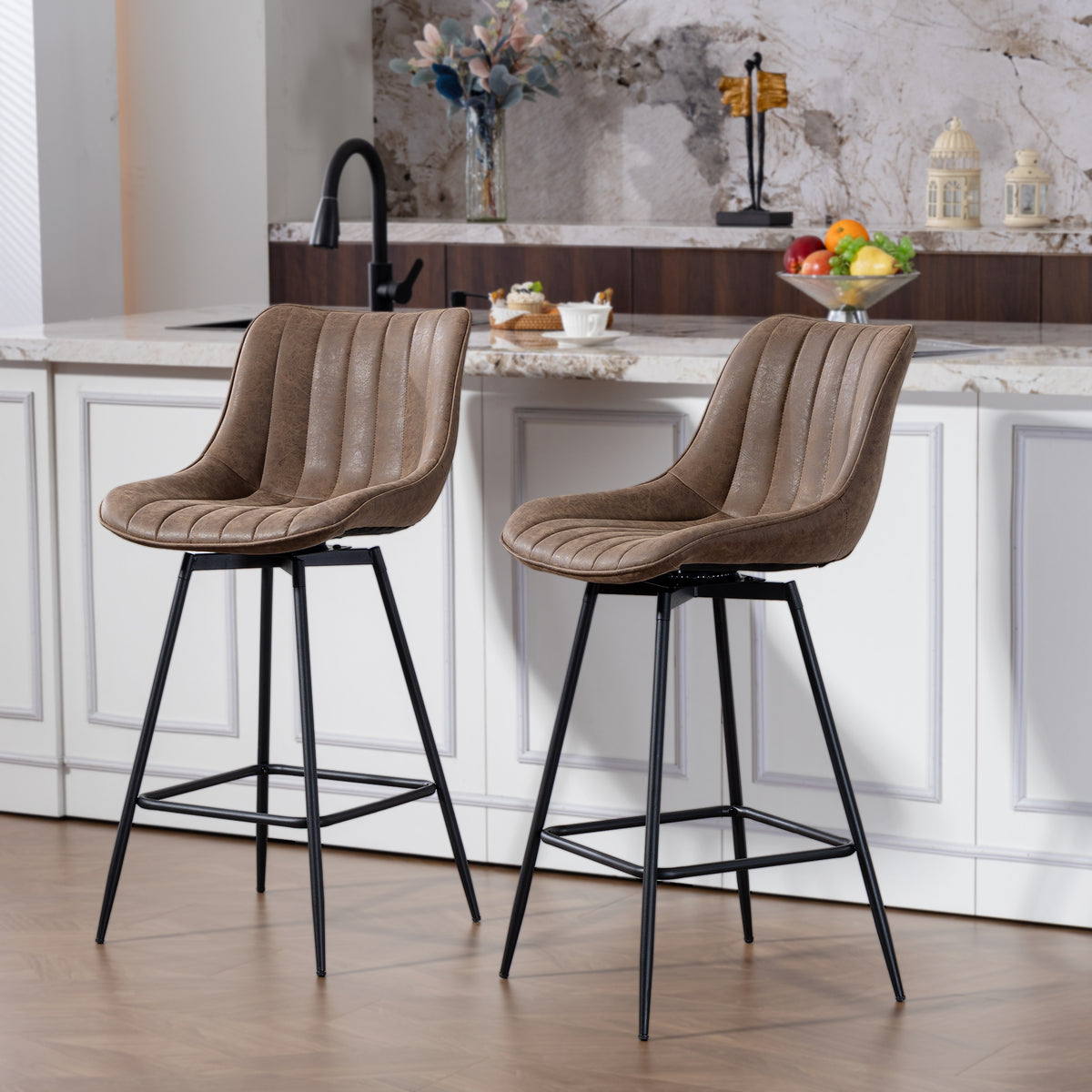 Set of 2 Swivel Counter Height Barstools - Brown PU Leather-Home Furnishings > Kitchen & Dining Furniture > Bar Stools-DECOROLALA