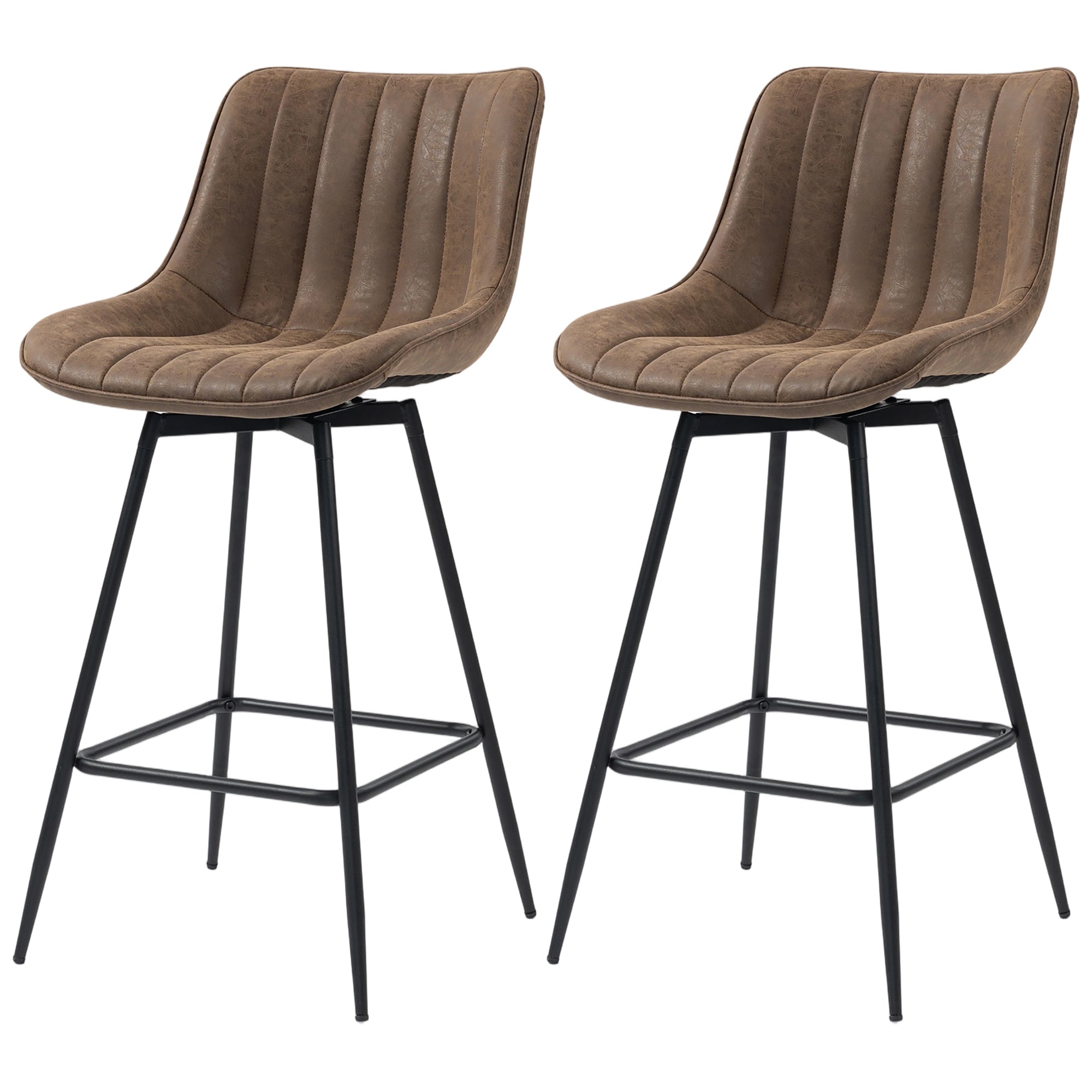 Set of 2 Swivel Counter Height Barstools - Brown PU Leather-Home Furnishings > Kitchen & Dining Furniture > Bar Stools-DECOROLALA
