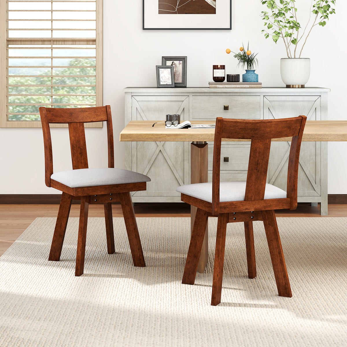 Set of 2 Swivel Dining Room Chairs with Rubber Wood Frame-Walnut-Dining Chairs-DECOROLALA