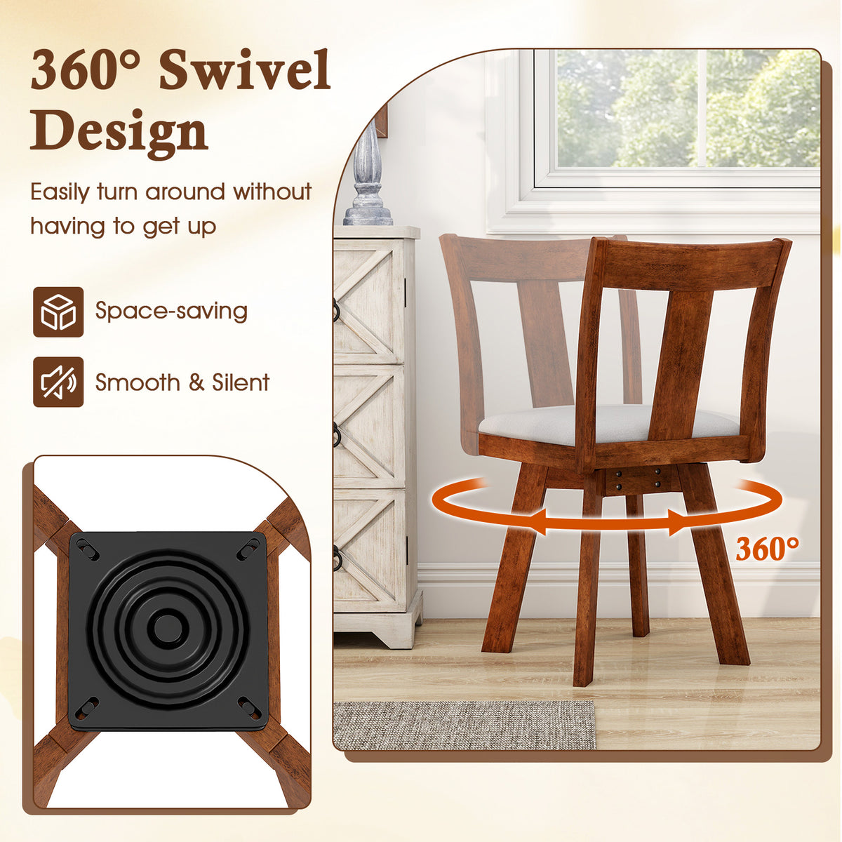 Set of 2 Swivel Dining Room Chairs with Rubber Wood Frame-Walnut-Dining Chairs-DECOROLALA