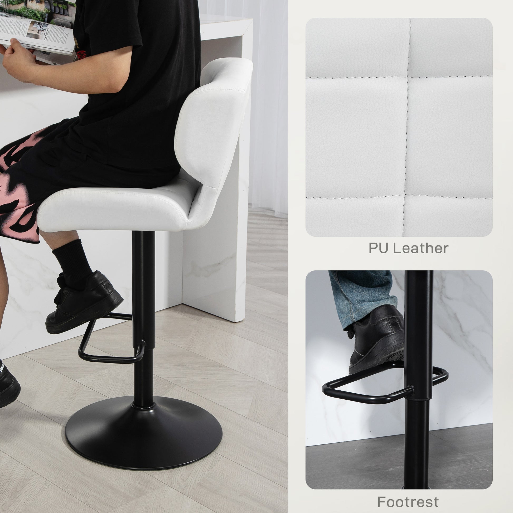 Set of 2 Swivel PU Leather Barstools - White Adjustable-DECOROLALA