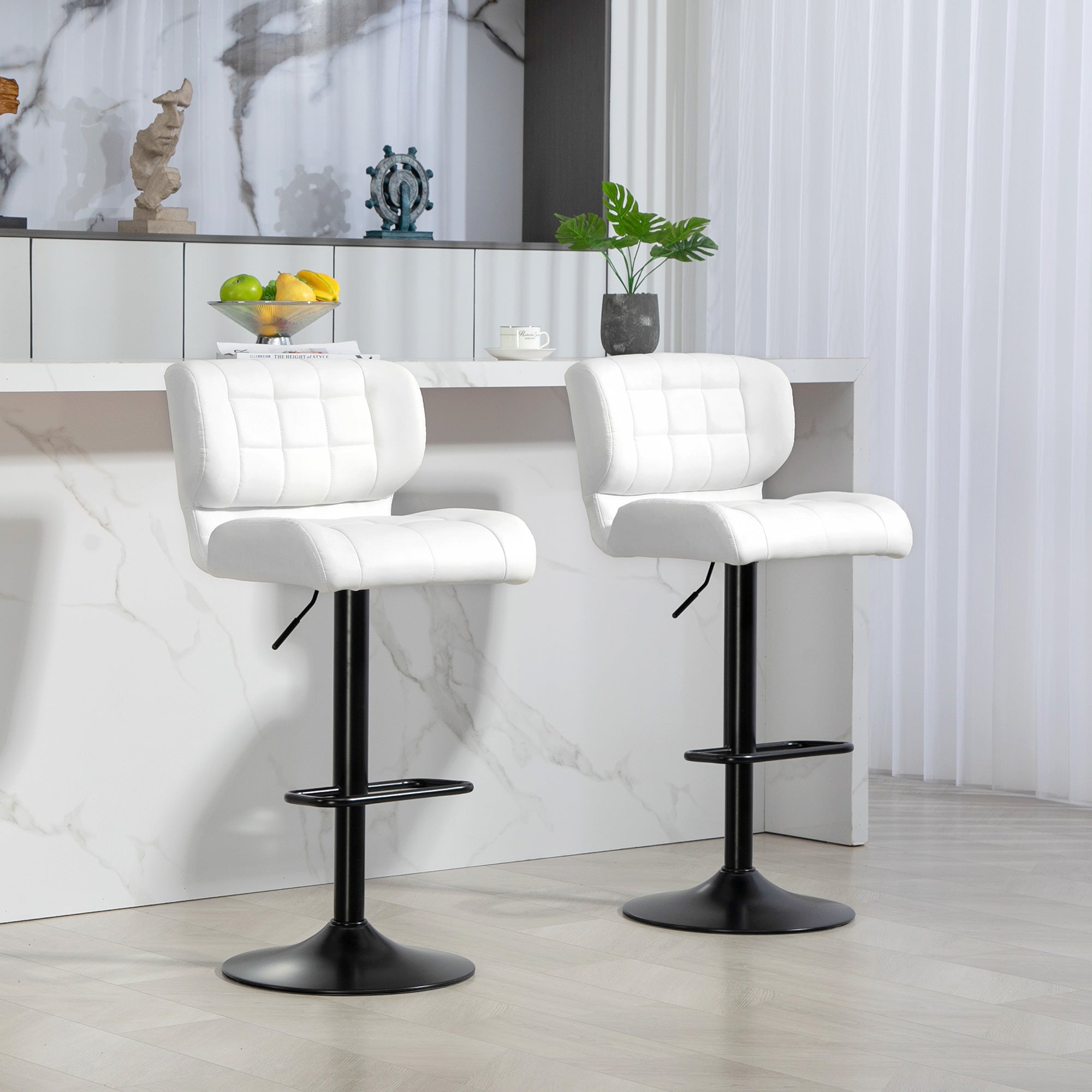 Set of 2 Swivel PU Leather Barstools - White Adjustable-DECOROLALA