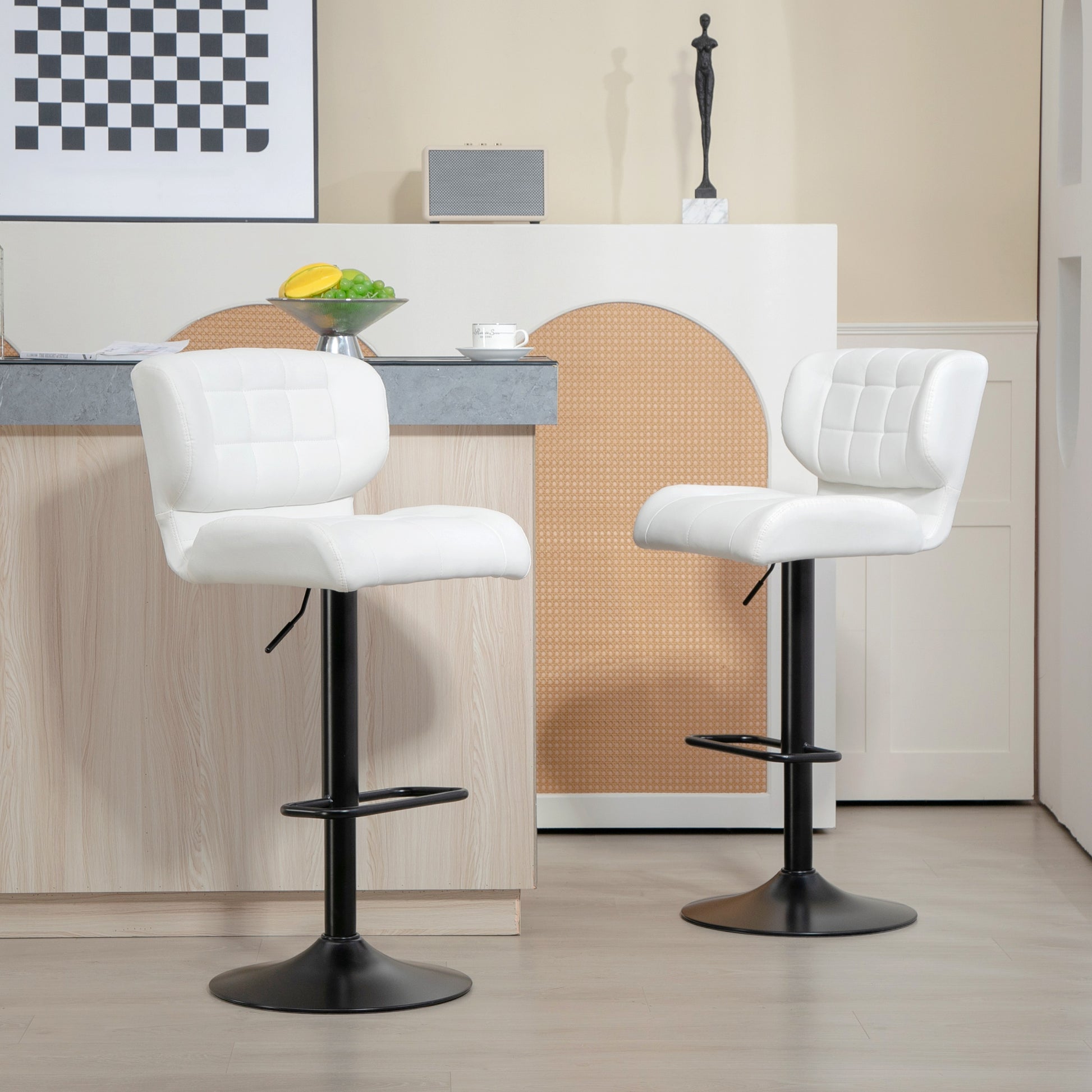 Set of 2 Swivel PU Leather Barstools - White Adjustable-DECOROLALA