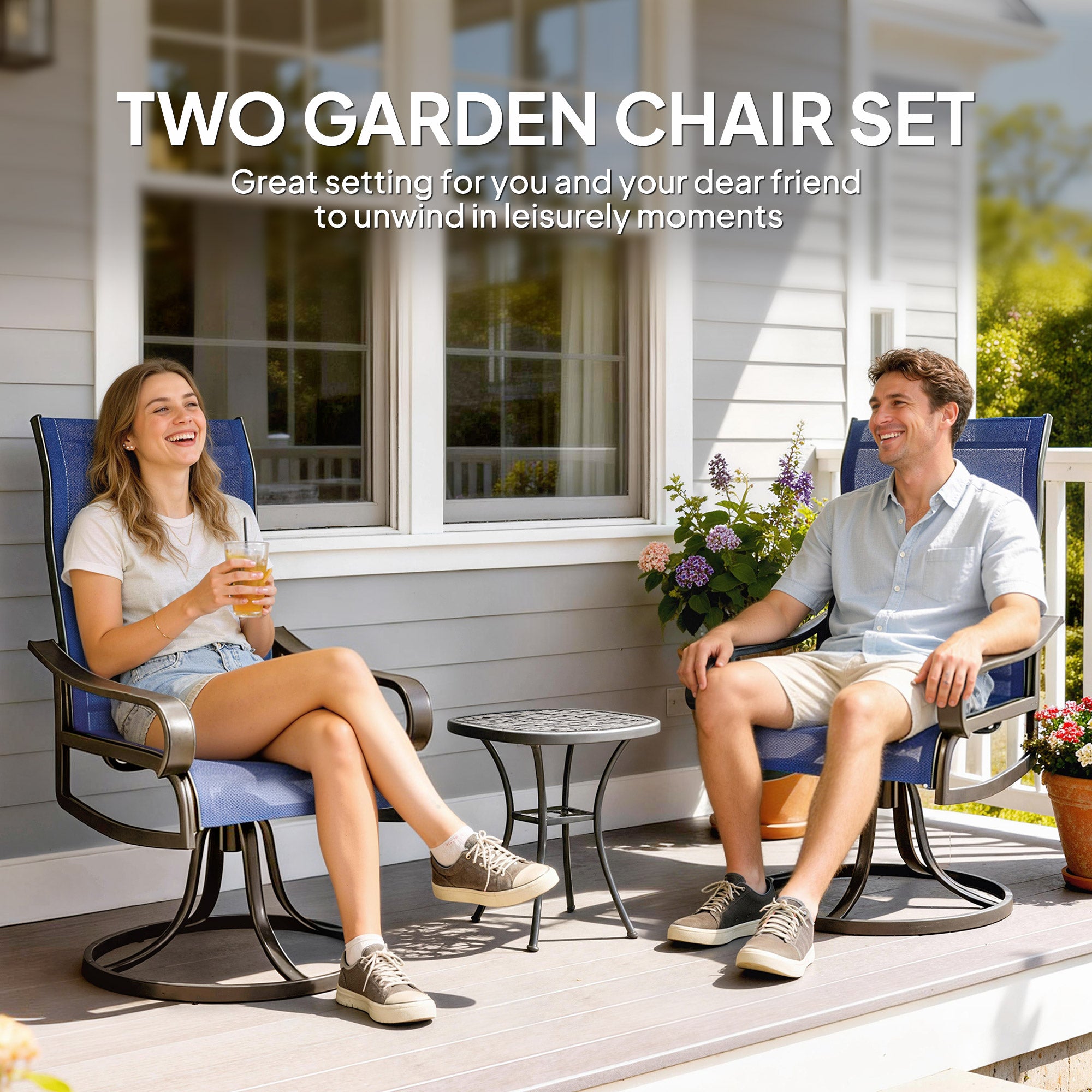 Set of 2 Swivel Rocking Patio Dining Chairs - Navy Blue-DECOROLALA