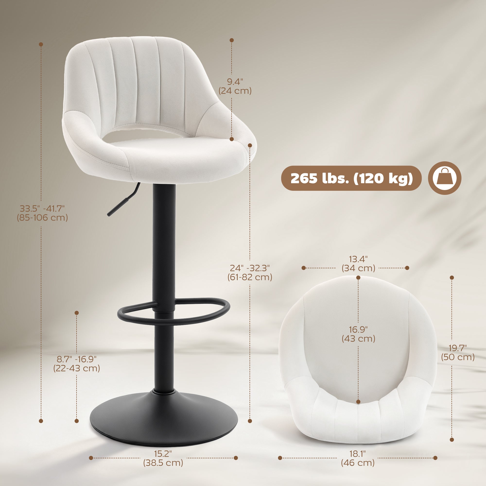 Set of 2 Swivel Velvet Bar Stools - Adjustable Cream-Home Furnishings > Kitchen & Dining Furniture > Bar Stools-DECOROLALA