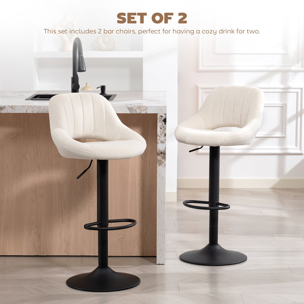 Set of 2 Swivel Velvet Bar Stools - Adjustable Cream-Home Furnishings > Kitchen & Dining Furniture > Bar Stools-DECOROLALA