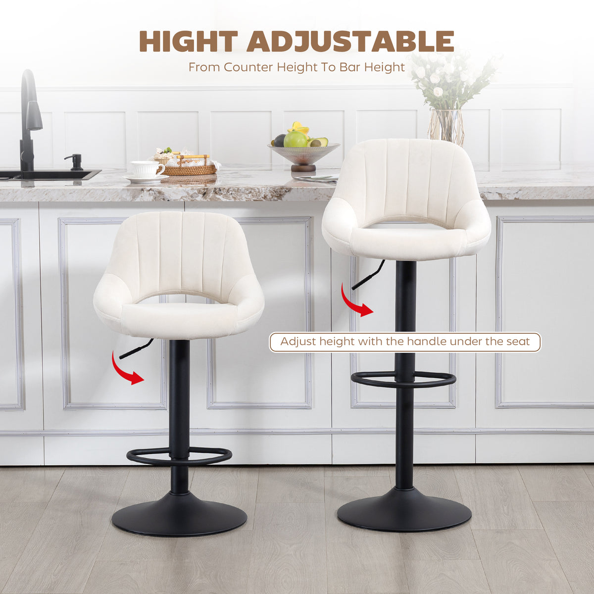 Set of 2 Swivel Velvet Bar Stools - Adjustable Cream-Home Furnishings > Kitchen & Dining Furniture > Bar Stools-DECOROLALA