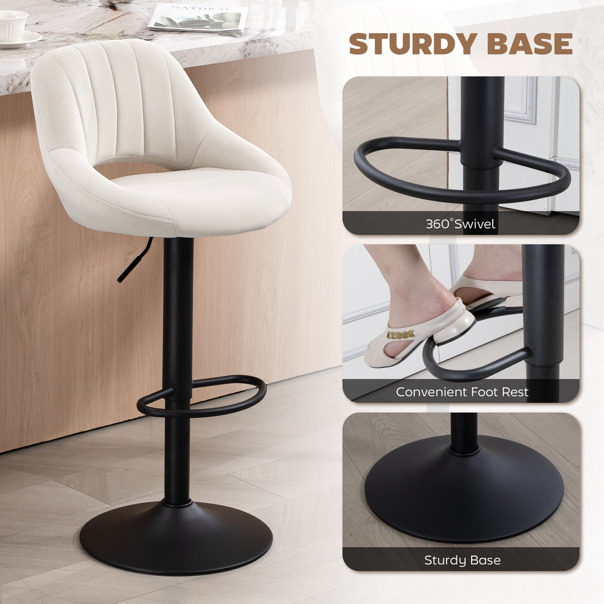 Set of 2 Swivel Velvet Bar Stools - Adjustable Cream-Home Furnishings > Kitchen & Dining Furniture > Bar Stools-DECOROLALA
