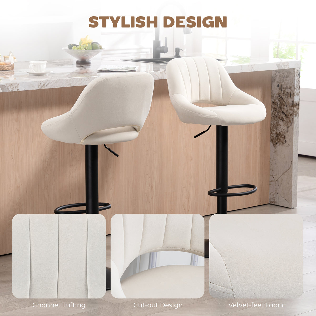 Set of 2 Swivel Velvet Bar Stools - Adjustable Cream-Home Furnishings > Kitchen & Dining Furniture > Bar Stools-DECOROLALA