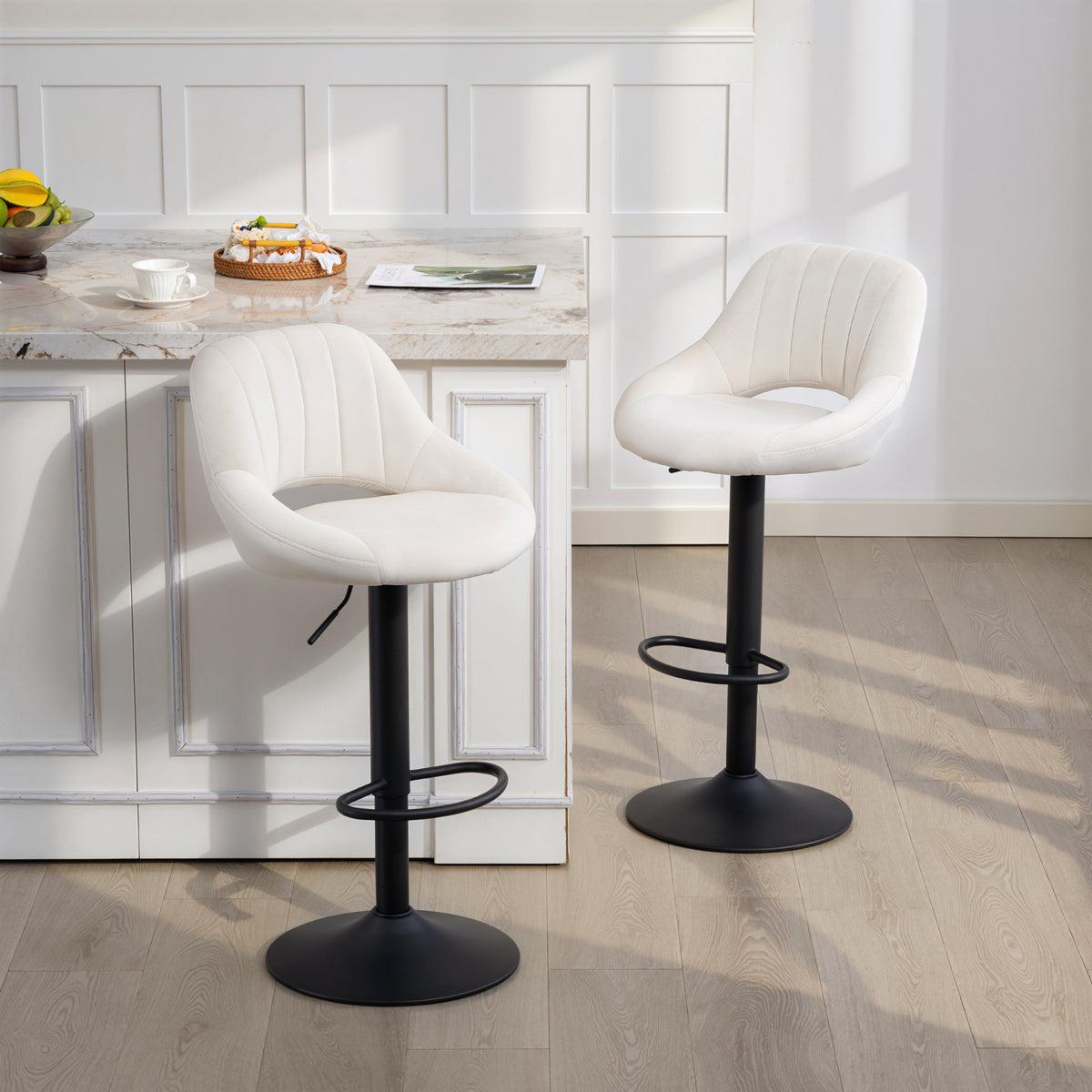 Set of 2 Swivel Velvet Bar Stools - Adjustable Cream-Home Furnishings > Kitchen & Dining Furniture > Bar Stools-DECOROLALA