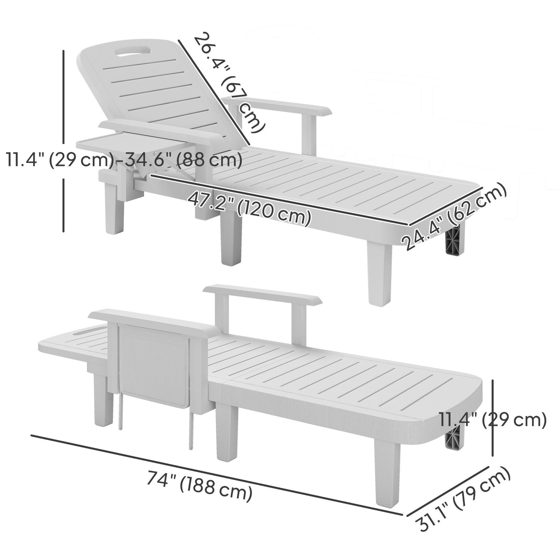 Set of 2 Tanning Chair, 5 Positions Adjustable Outdoor Lounge Chairs with Foldable Side Table, White-DECOROLALA