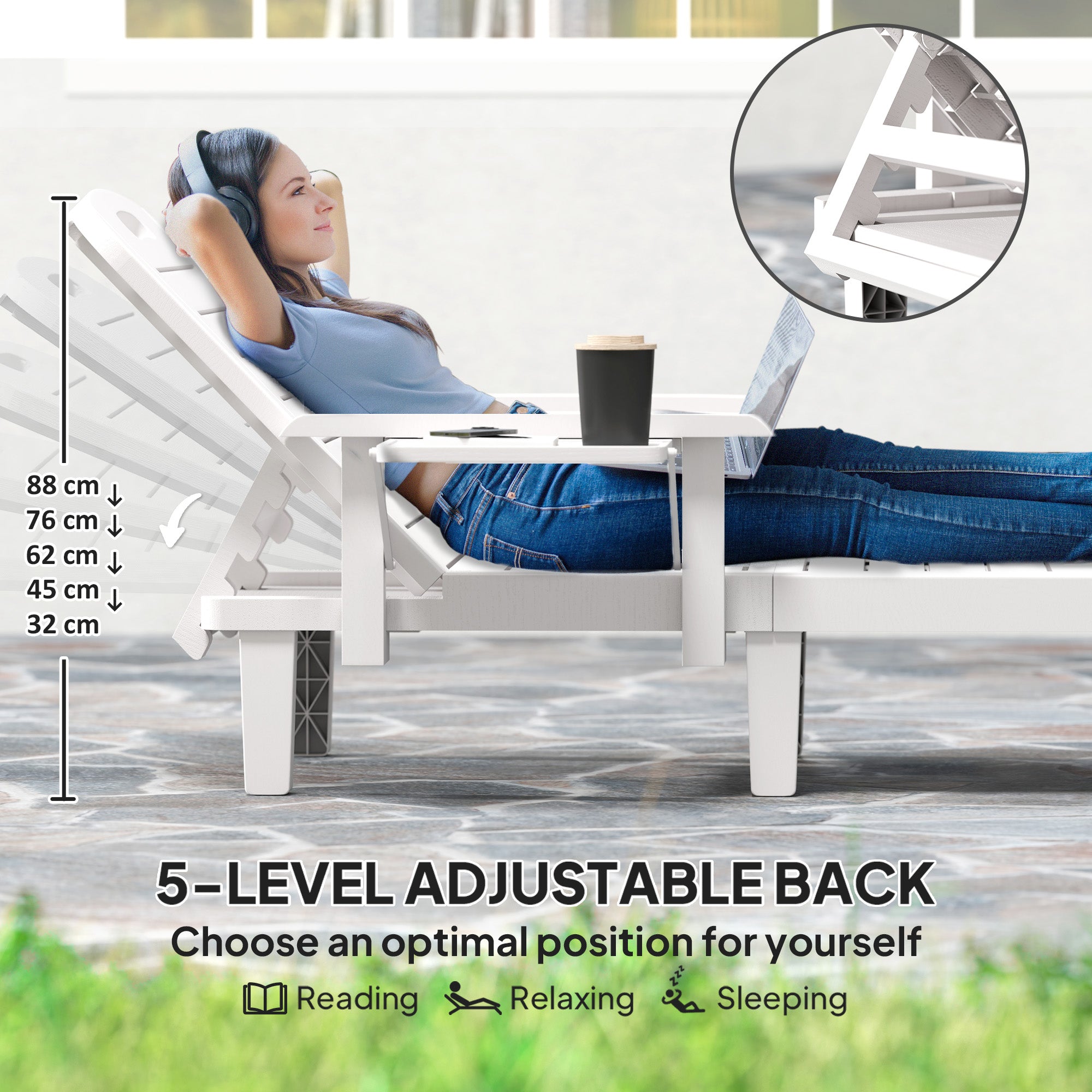 Set of 2 Tanning Chair, 5 Positions Adjustable Outdoor Lounge Chairs with Foldable Side Table, White-DECOROLALA