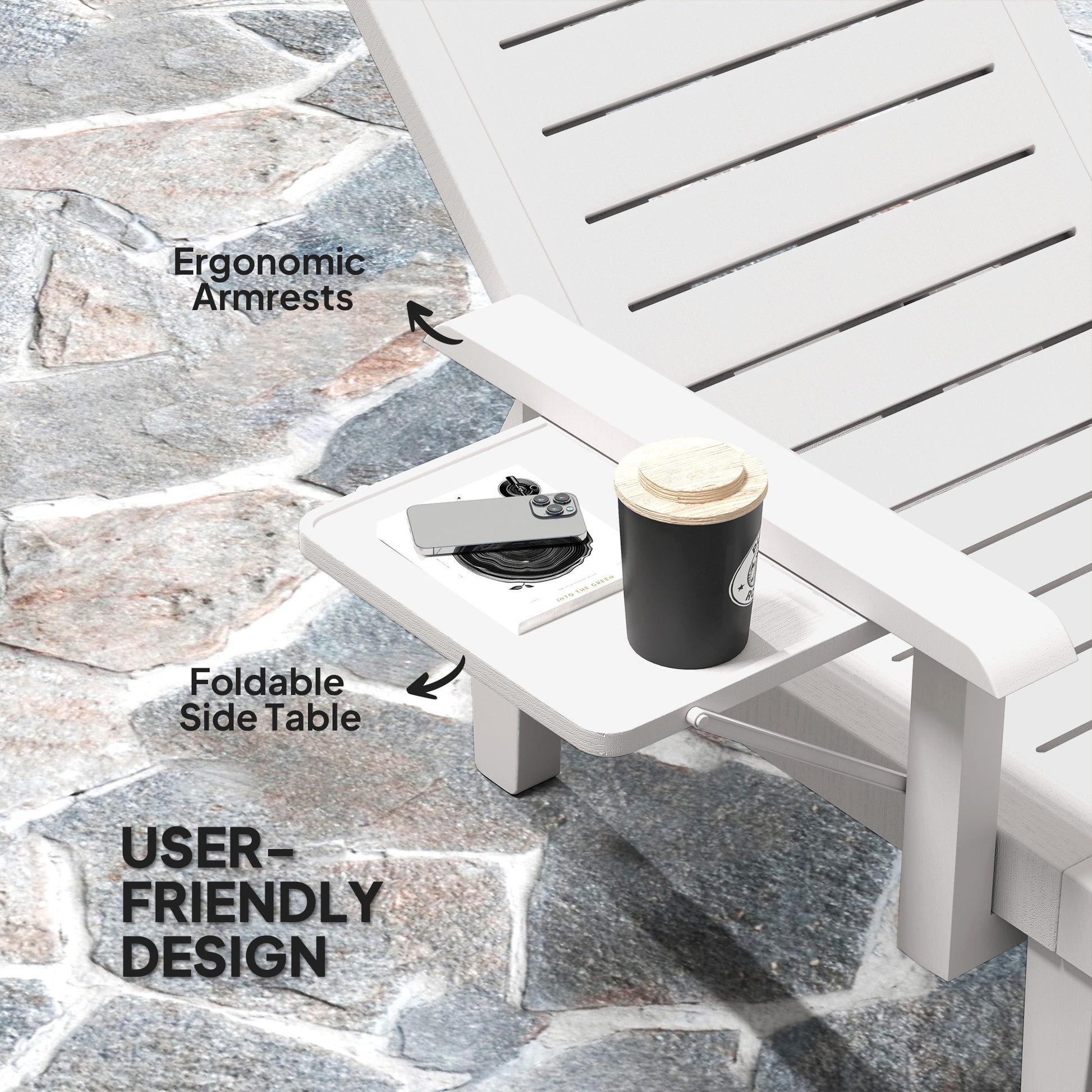 Set of 2 Tanning Chair, 5 Positions Adjustable Outdoor Lounge Chairs with Foldable Side Table, White-DECOROLALA