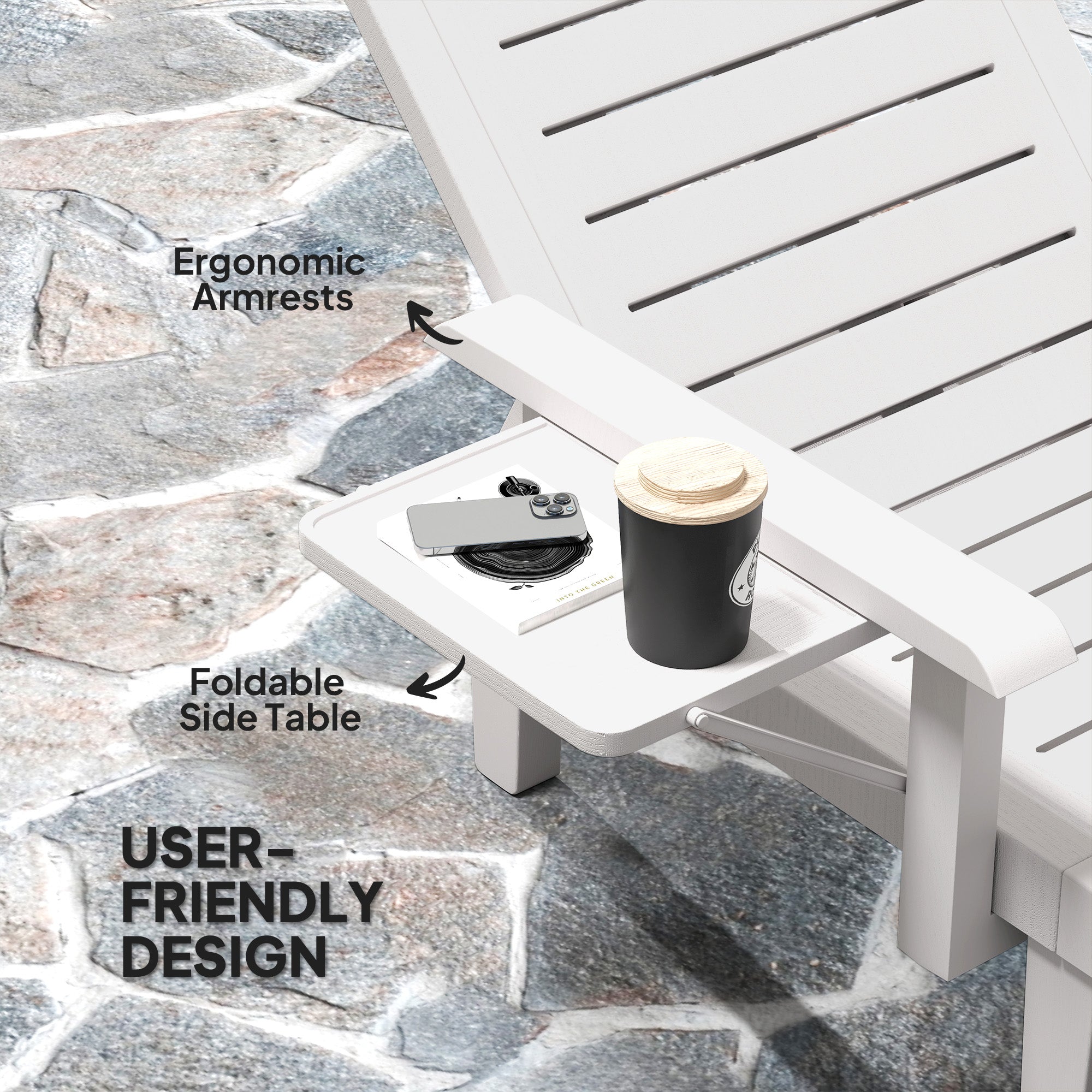 Set of 2 Tanning Chair, 5 Positions Adjustable Outdoor Lounge Chairs with Foldable Side Table, White-DECOROLALA