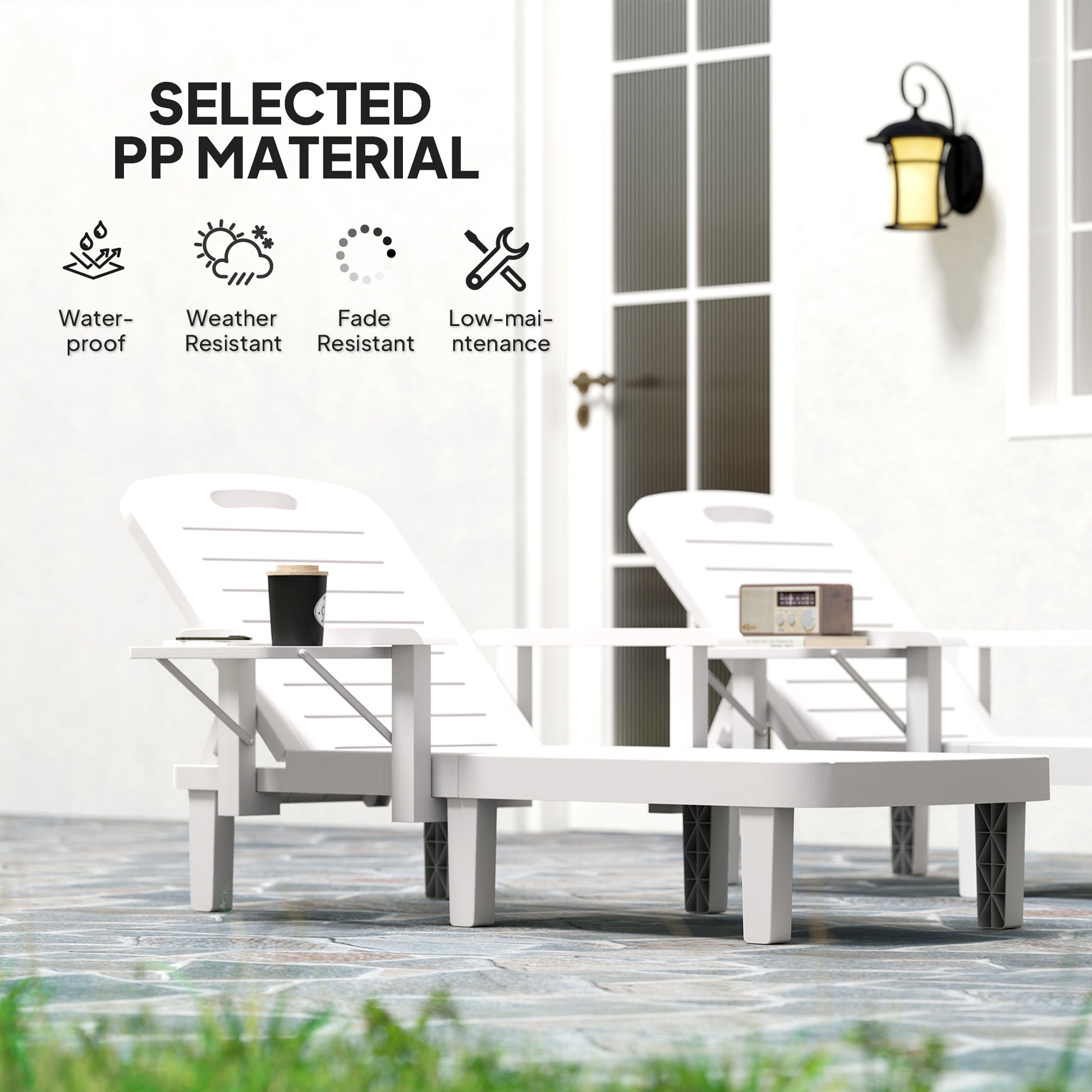 Set of 2 Tanning Chair, 5 Positions Adjustable Outdoor Lounge Chairs with Foldable Side Table, White-DECOROLALA