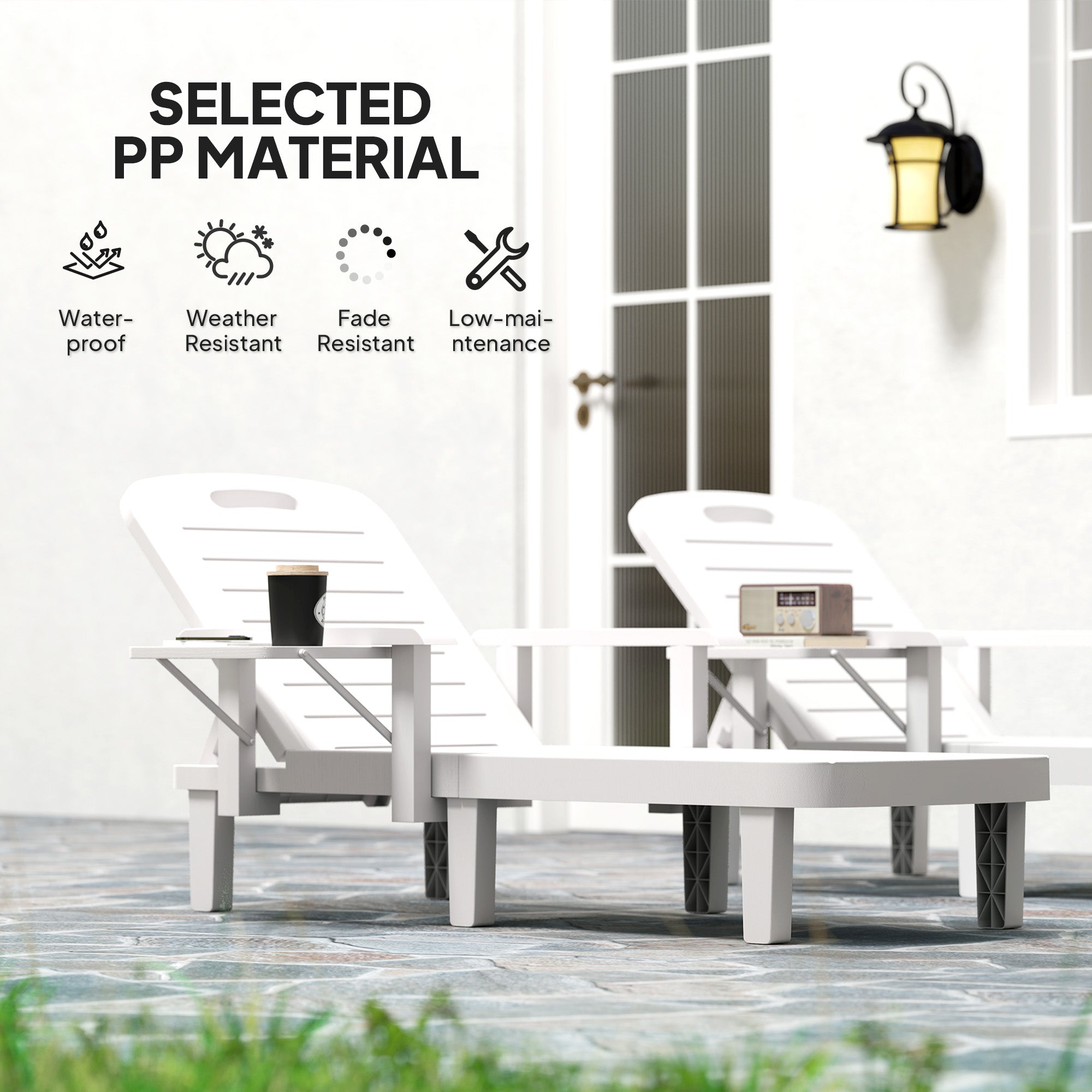 Set of 2 Tanning Chair, 5 Positions Adjustable Outdoor Lounge Chairs with Foldable Side Table, White-DECOROLALA