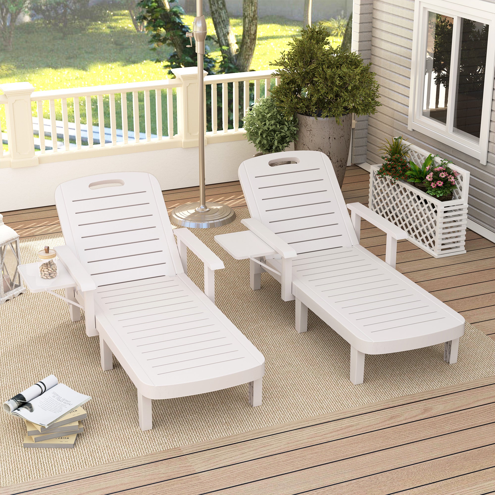Set of 2 Tanning Chair, 5 Positions Adjustable Outdoor Lounge Chairs with Foldable Side Table, White-DECOROLALA