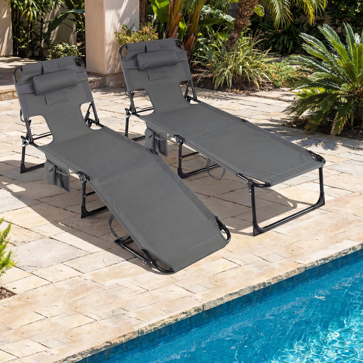 Set of 2 Tanning Chair Portable Chaise Lounge Chair with 4-Position Adjustable Backrest-Gray-Outdoor Chaise Lounges-DECOROLALA