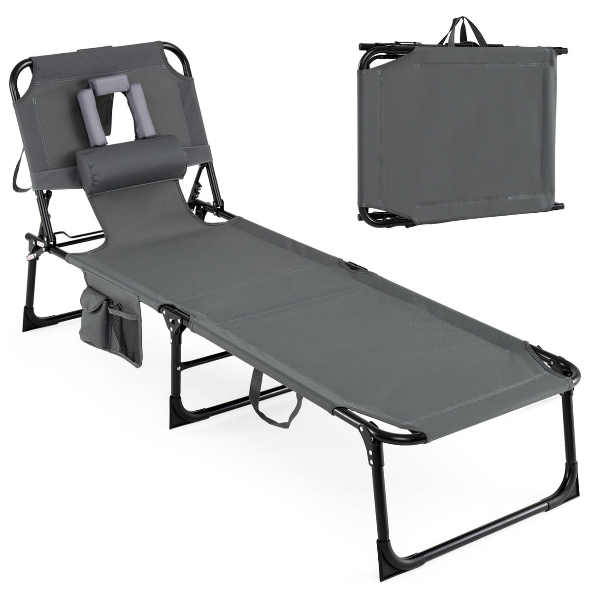 Set of 2 Tanning Chair Portable Chaise Lounge Chair with 4-Position Adjustable Backrest-Gray-Outdoor Chaise Lounges-DECOROLALA