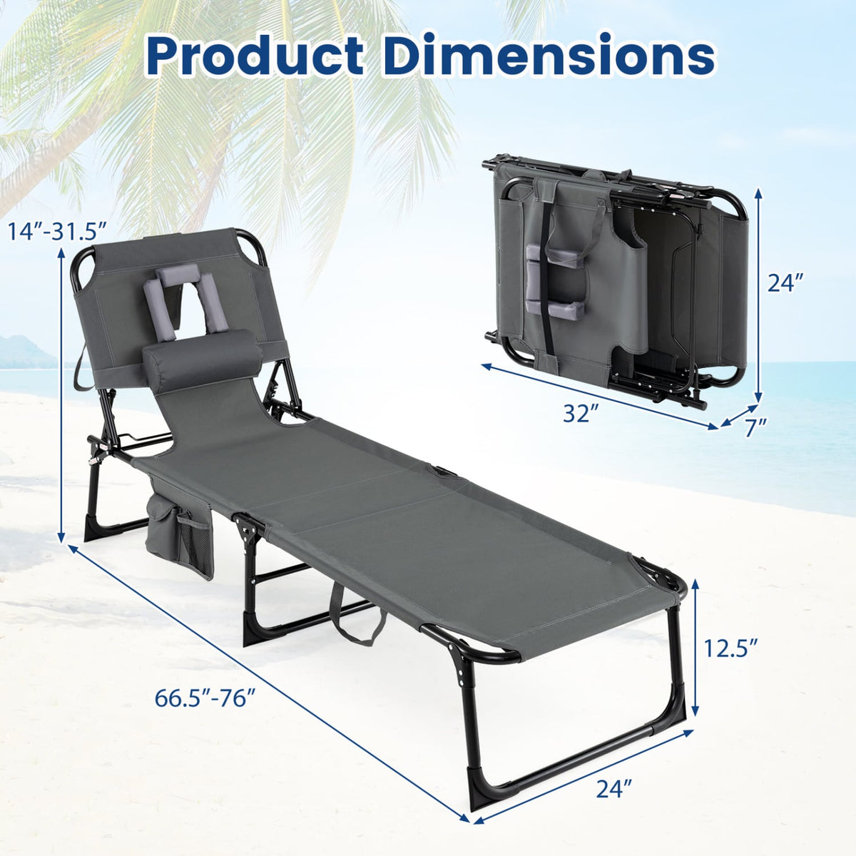 Set of 2 Tanning Chair Portable Chaise Lounge Chair with 4-Position Adjustable Backrest-Gray-Outdoor Chaise Lounges-DECOROLALA