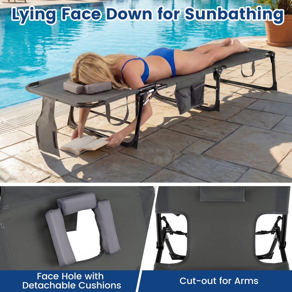 Set of 2 Tanning Chair Portable Chaise Lounge Chair with 4-Position Adjustable Backrest-Gray-Outdoor Chaise Lounges-DECOROLALA