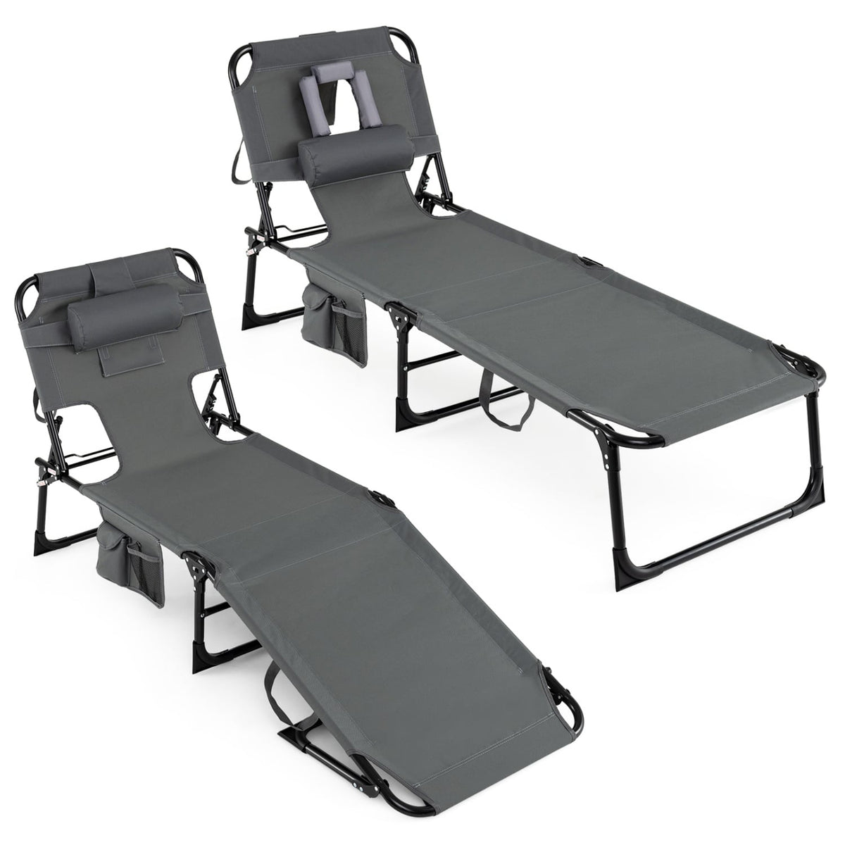 Set of 2 Tanning Chair Portable Chaise Lounge Chair with 4-Position Adjustable Backrest-Gray-Outdoor Chaise Lounges-DECOROLALA