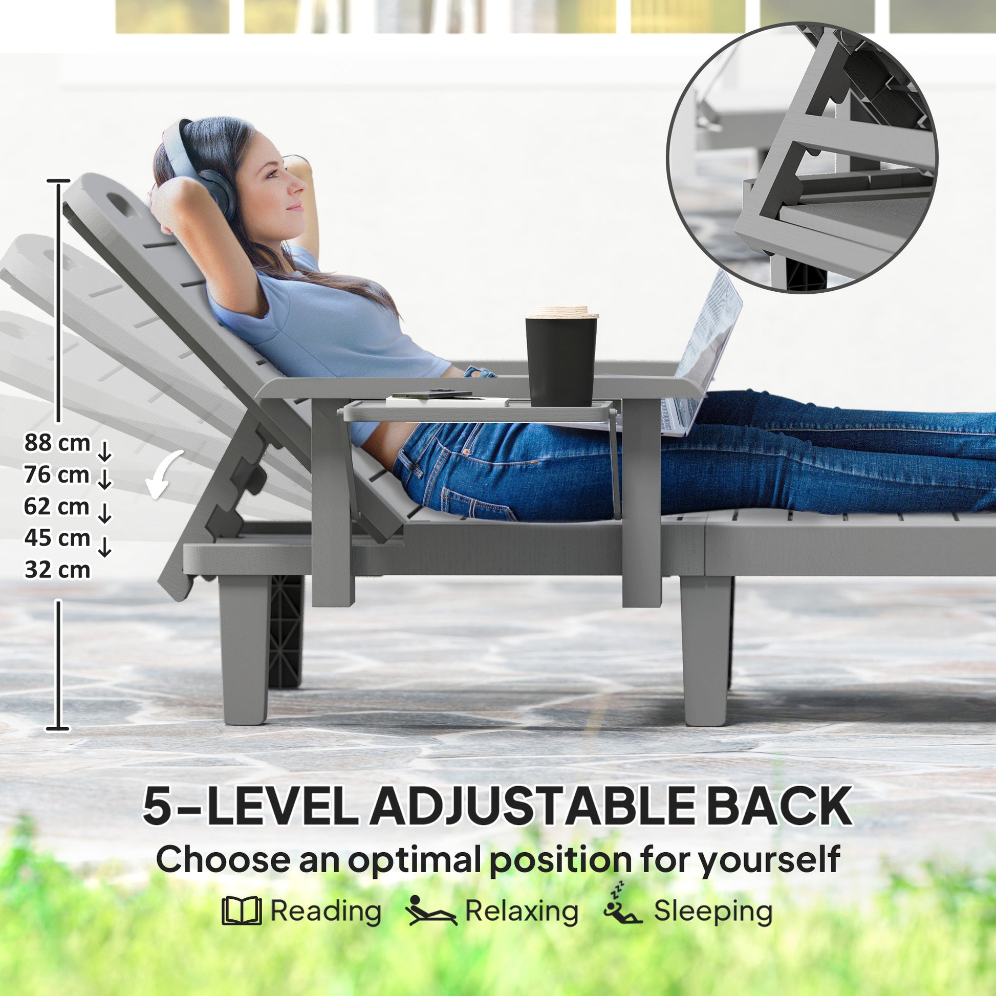 Set of 2 Tanning Chairs 5-Position Dark Grey Outdoor-DECOROLALA