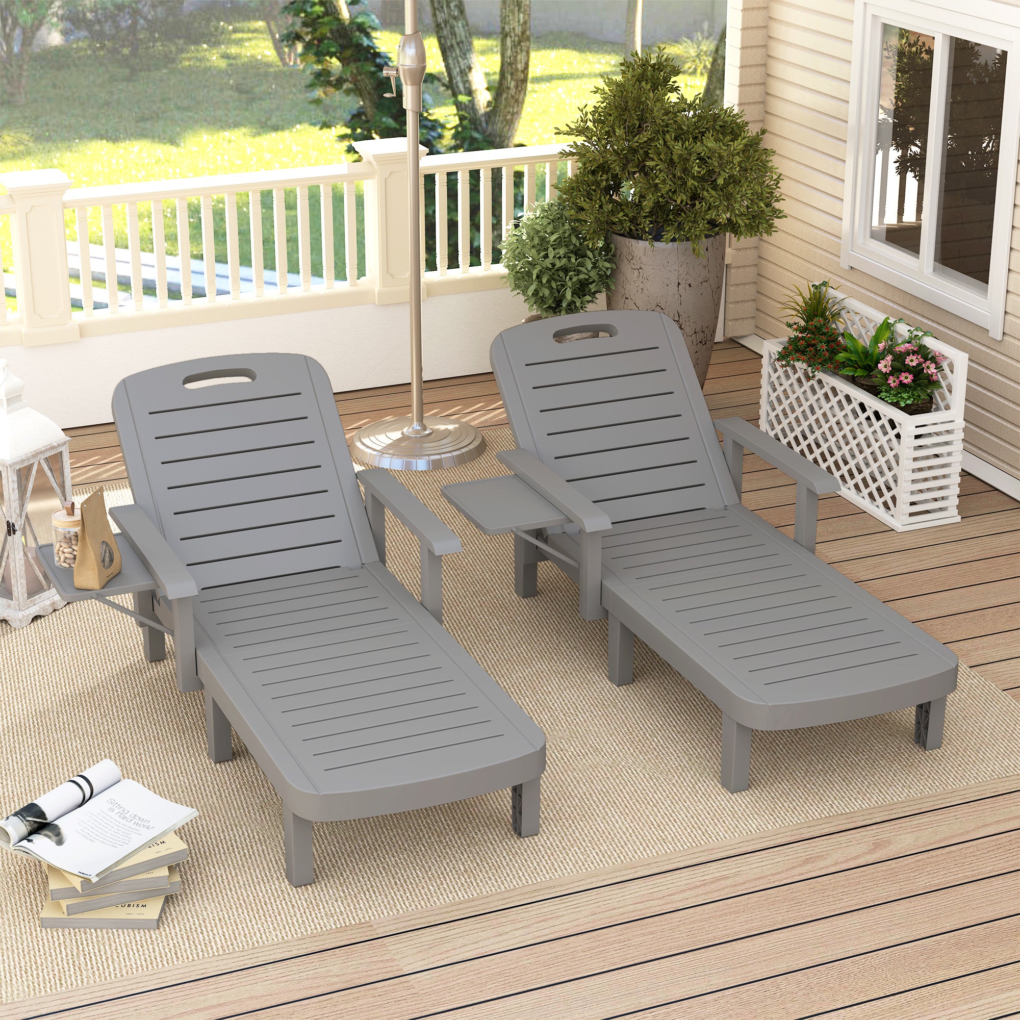 Set of 2 Tanning Chairs 5-Position Dark Grey Outdoor-DECOROLALA