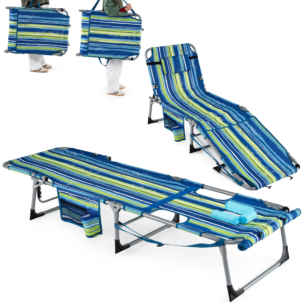 Set of 2 Tanning Chairs with Face Arm Holes Portable with 4-Level Backrest-Blue & Green-Outdoor Chaise Lounges-DECOROLALA