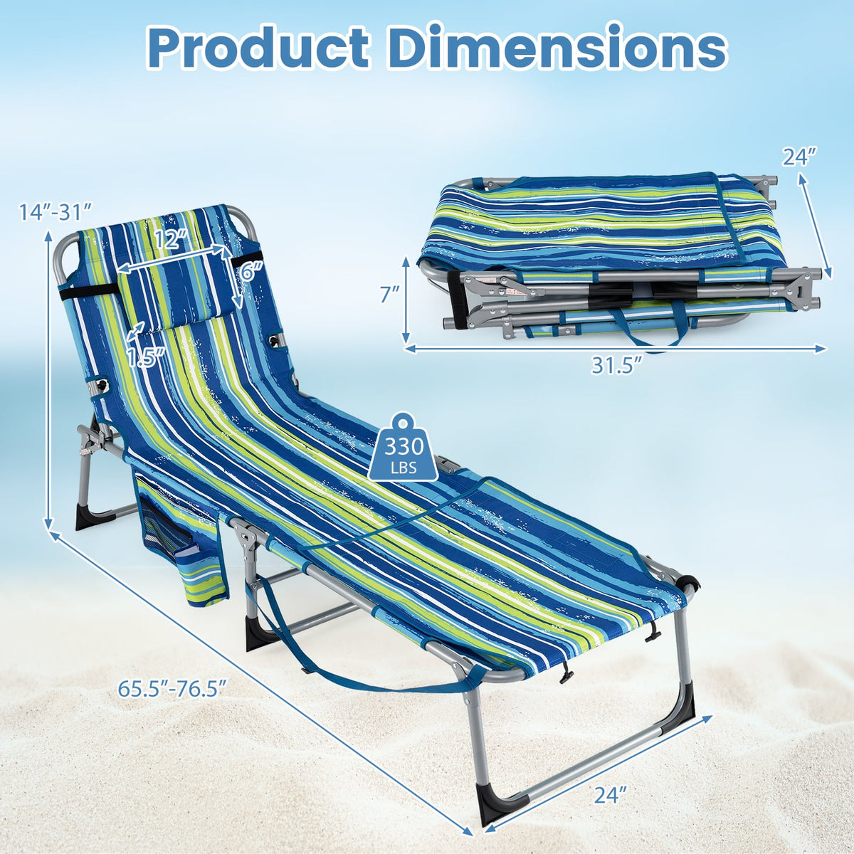 Set of 2 Tanning Chairs with Face Arm Holes Portable with 4-Level Backrest-Blue & Green-Outdoor Chaise Lounges-DECOROLALA