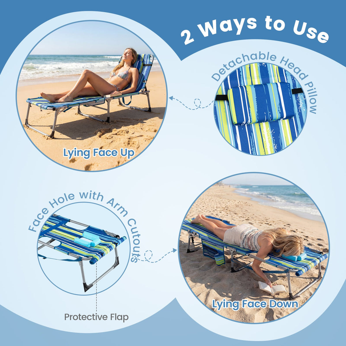 Set of 2 Tanning Chairs with Face Arm Holes Portable with 4-Level Backrest-Blue & Green-Outdoor Chaise Lounges-DECOROLALA