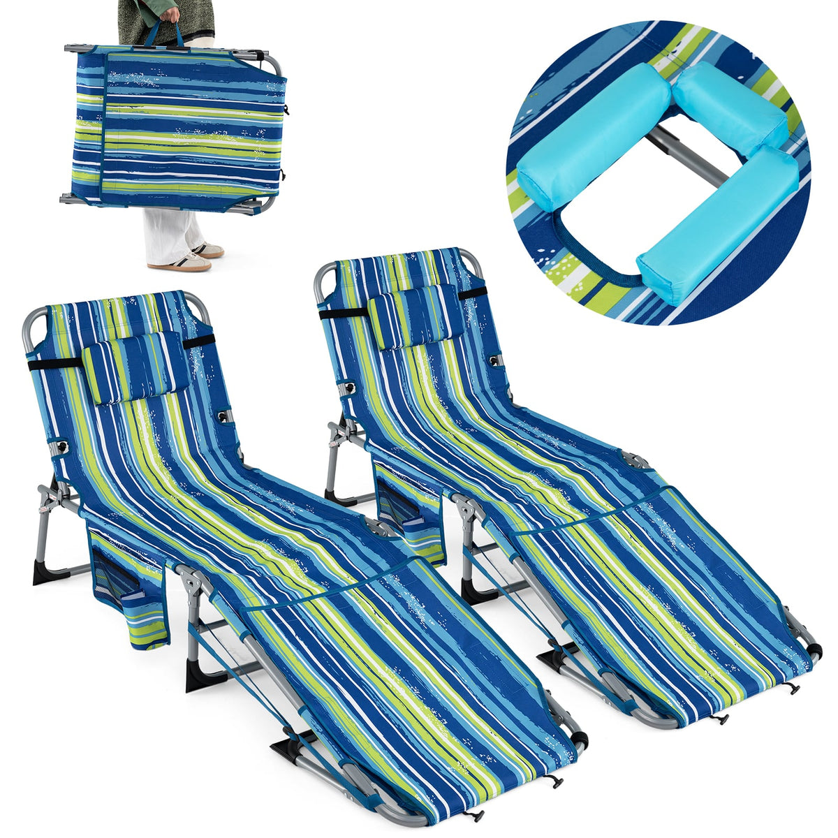 Set of 2 Tanning Chairs with Face Arm Holes Portable with 4-Level Backrest-Blue & Green-Outdoor Chaise Lounges-DECOROLALA